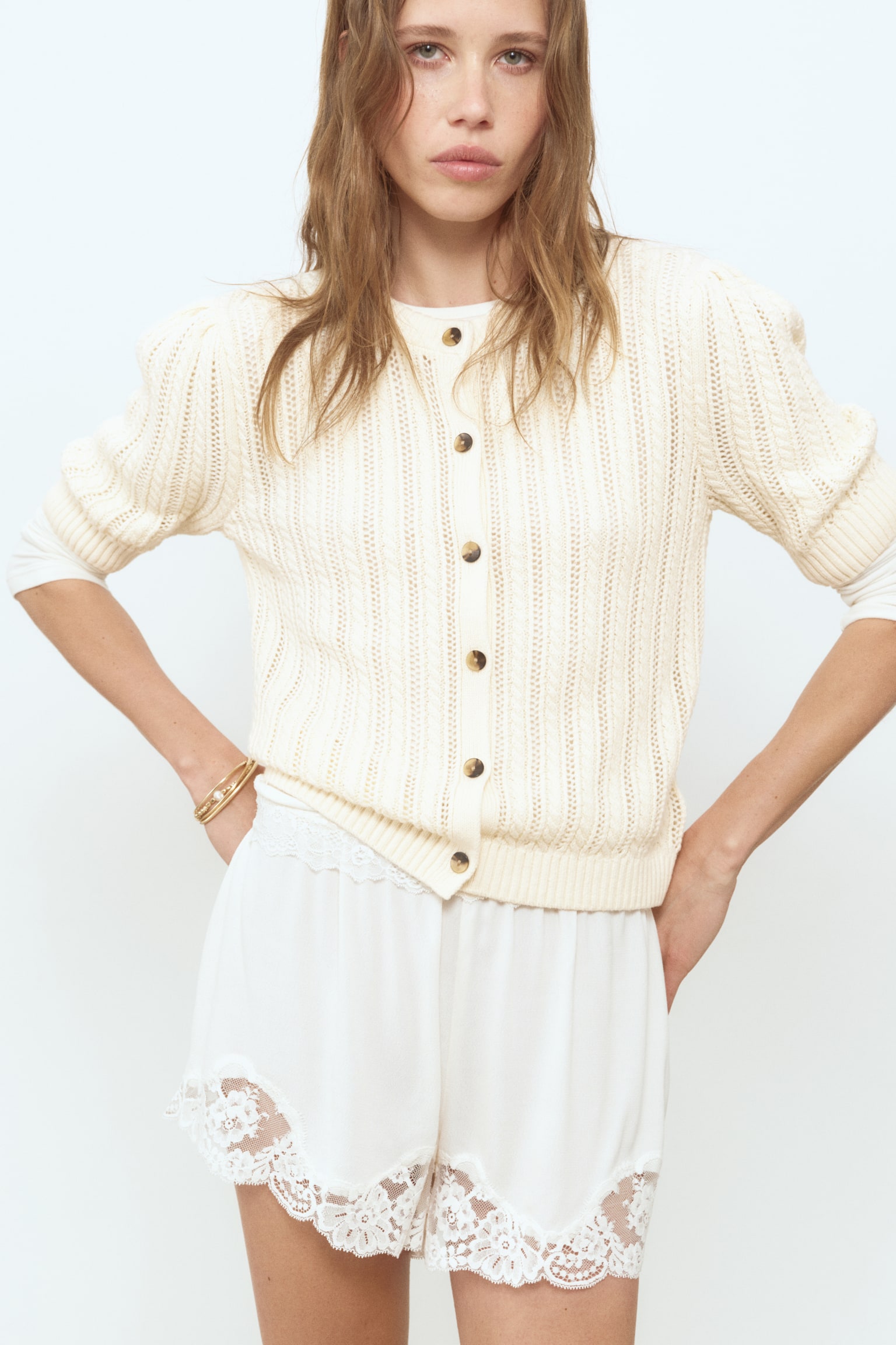 Pointelle-knit cardigan - Light beige/Light purple - 7