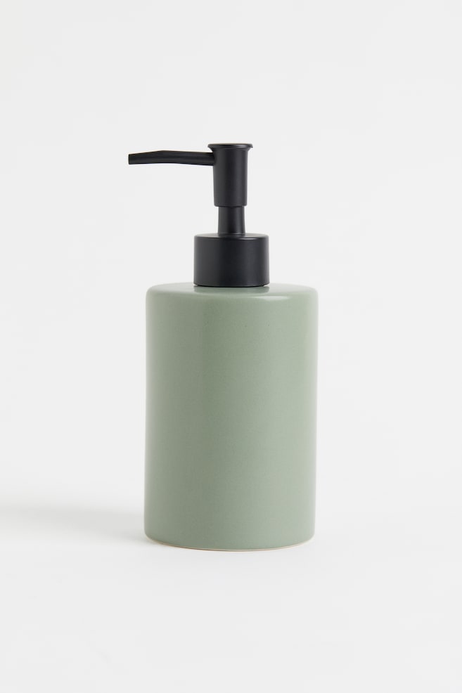 Distributeur de savon en faïence - Vert sauge/Noir/Beige clair/Marron - 1