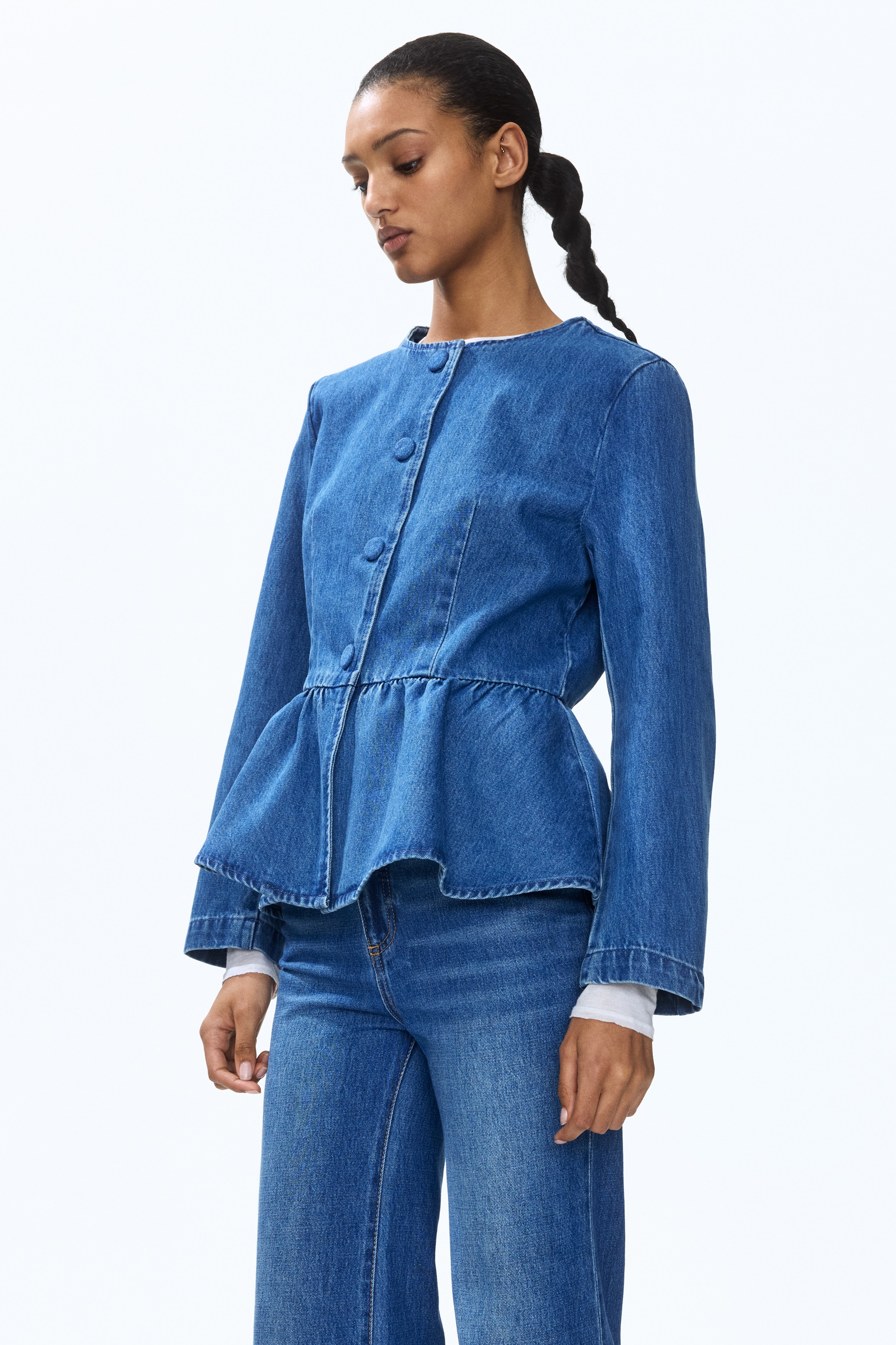 Sako bez kragne s volanom - Teksas plava/Tamnobež