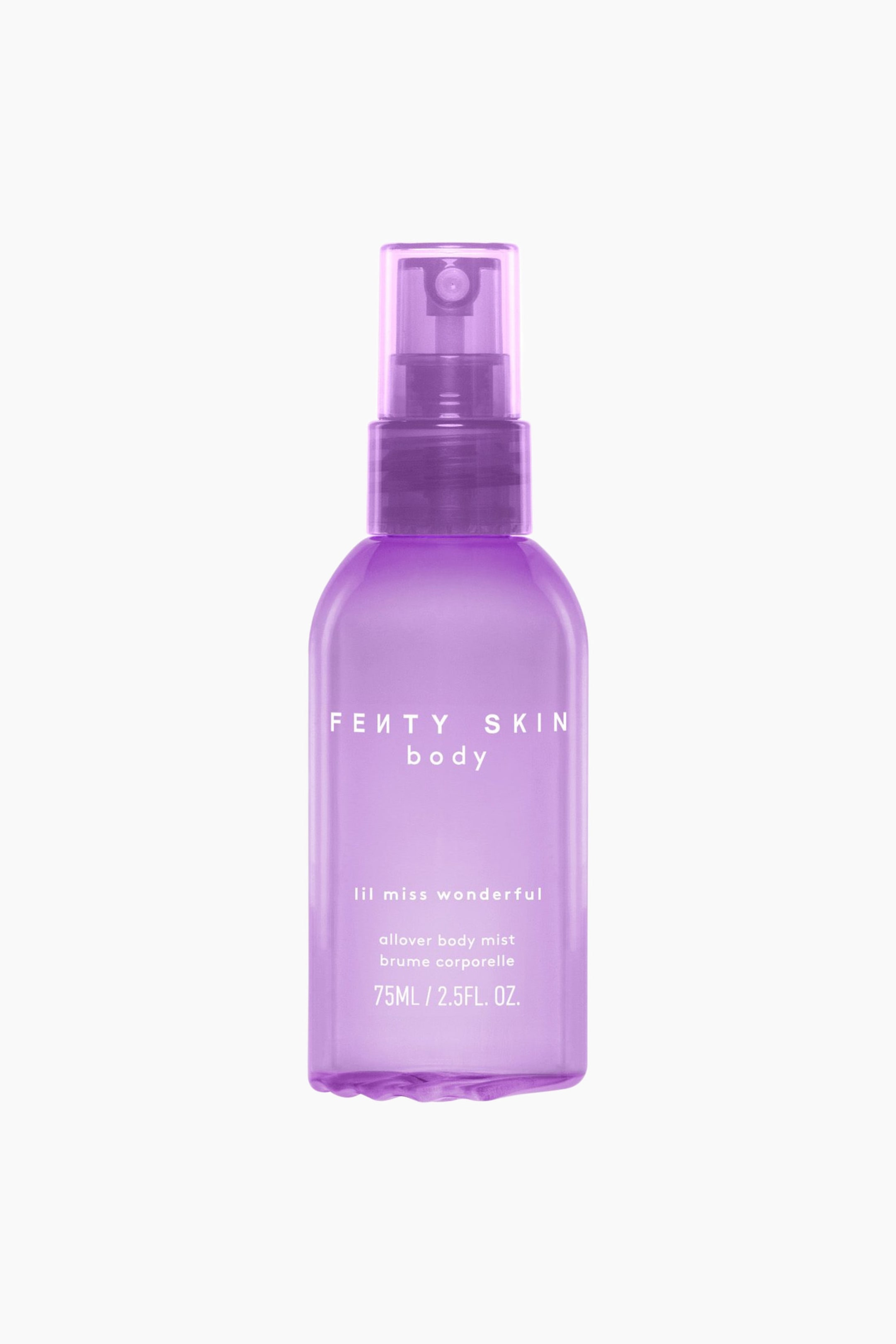 Visa större bild: En frontvy visar en genomskinlig lila Allover Body Mist-flaska med en matchande lila spraypump och ett genomskinligt lock. Framsidan av flaskan visar vit tryckt text som lyder ”FENTY SKIN body” och ”lil miss wonderful.”