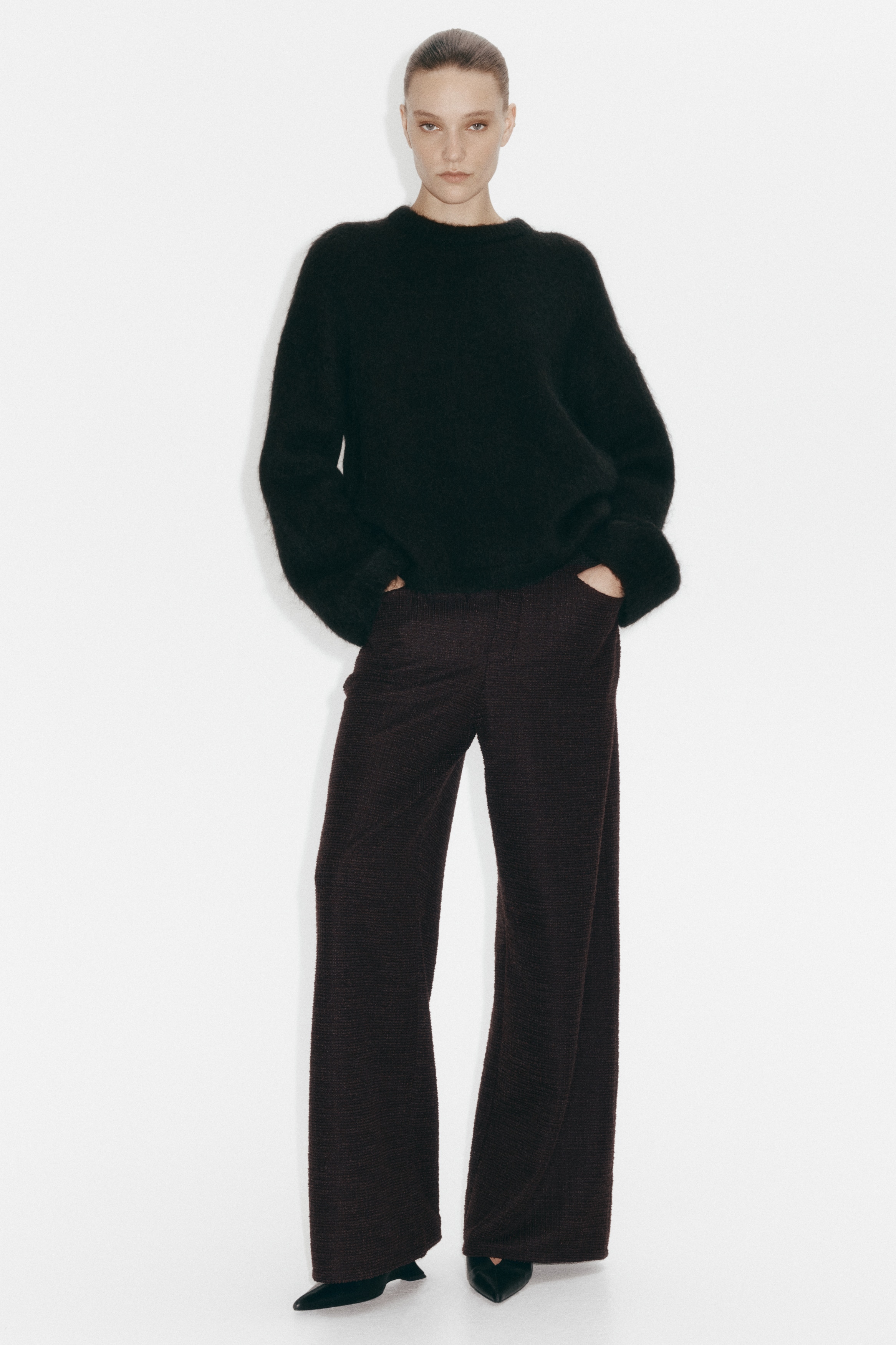 Wide bouclé trousers - Dark brown/Cream