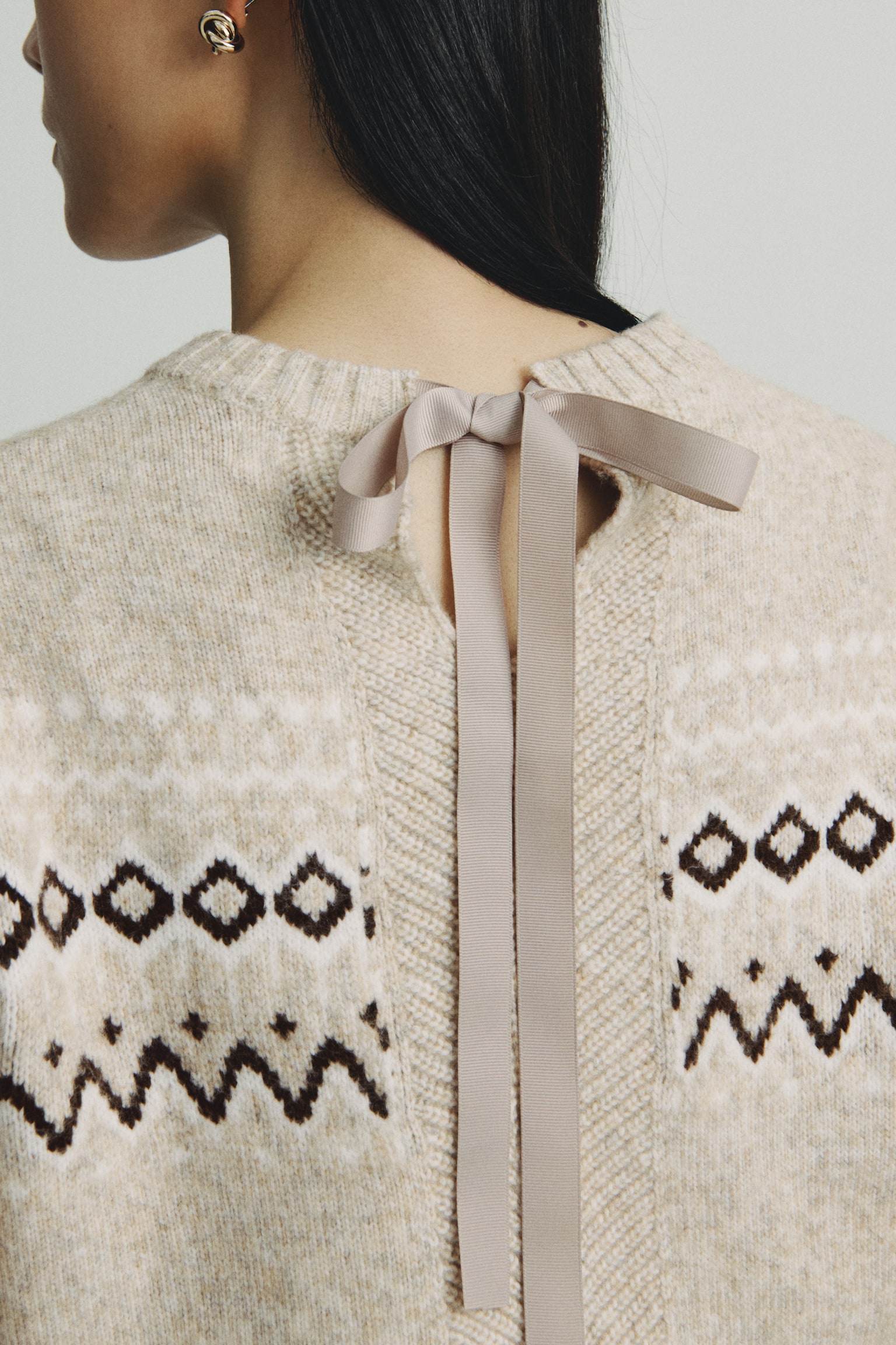ジャカードニットセーター - ベージュメランジ／パターン - 3