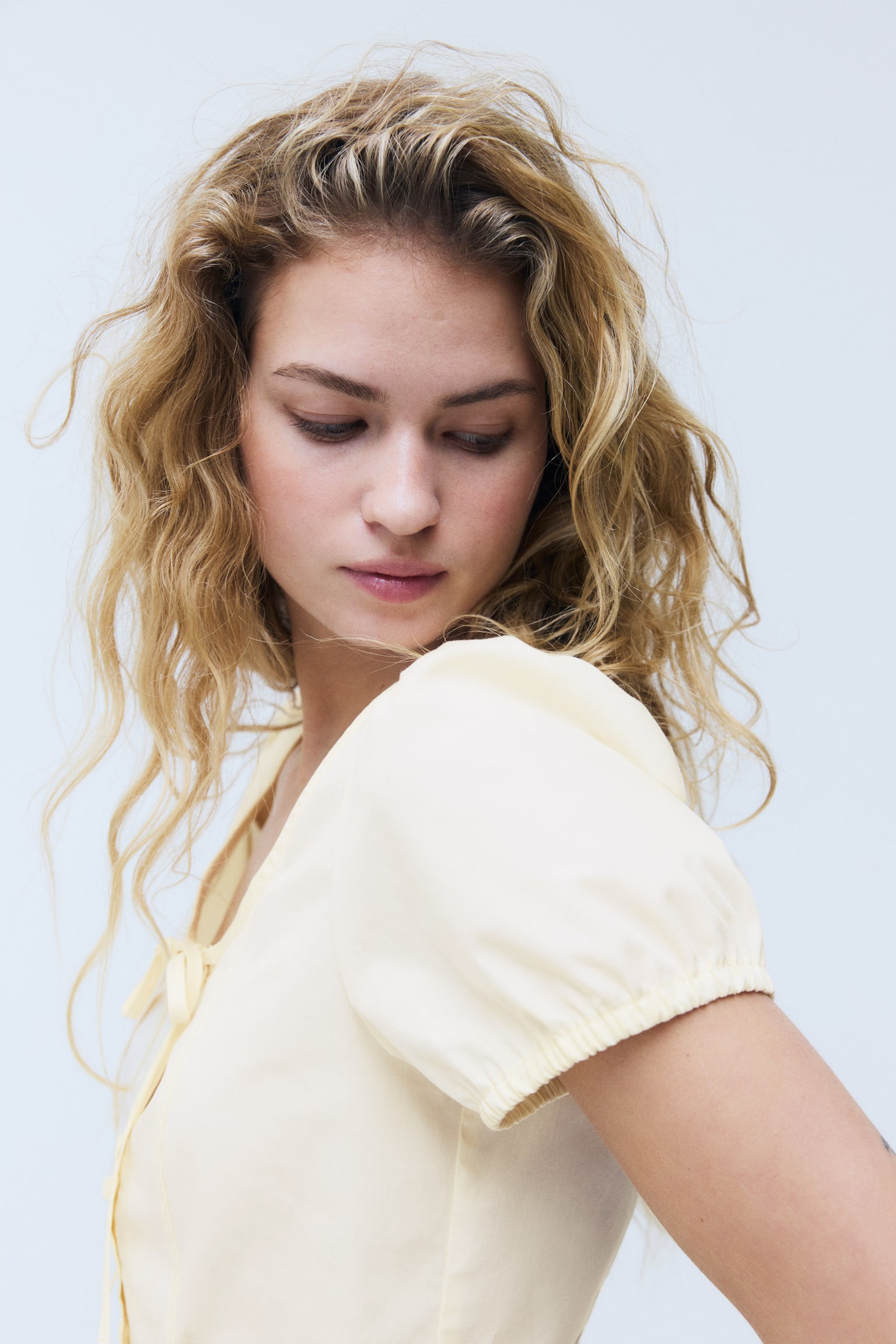 公主袖府綢女衫 - 淺黃色/淺藍色/條紋/White - 4