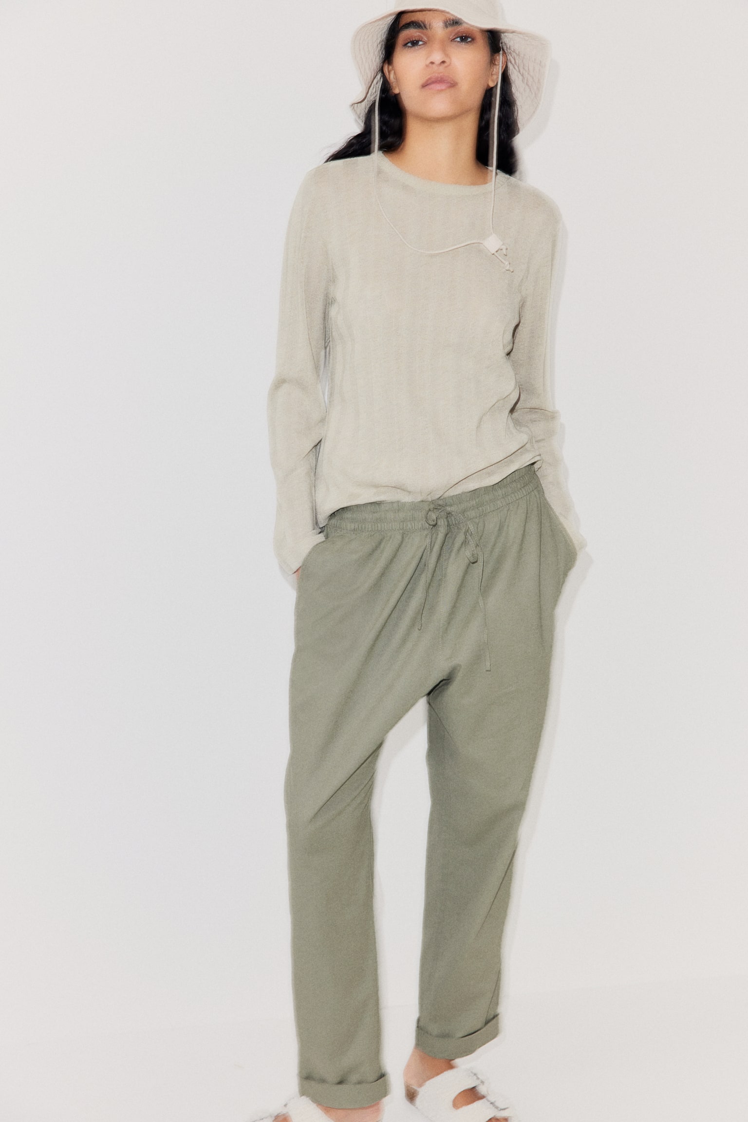 Linen-blend joggers - Khaki green/Beige/Striped/Black/Navy blue/Light beige/Light blue - 1