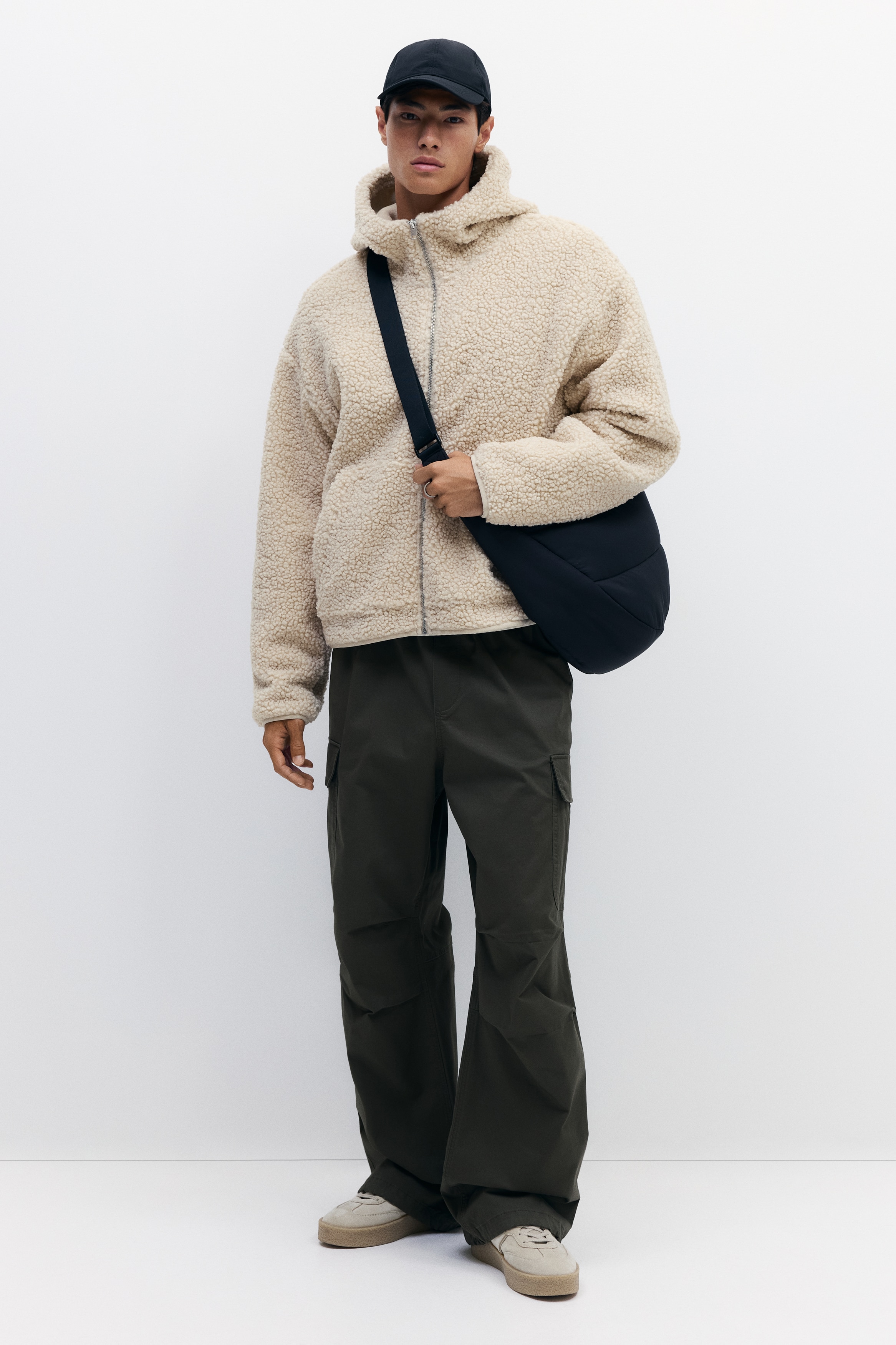 H & M - ルーズフィット テディフルジップフーデッドジャケット - ベージュ