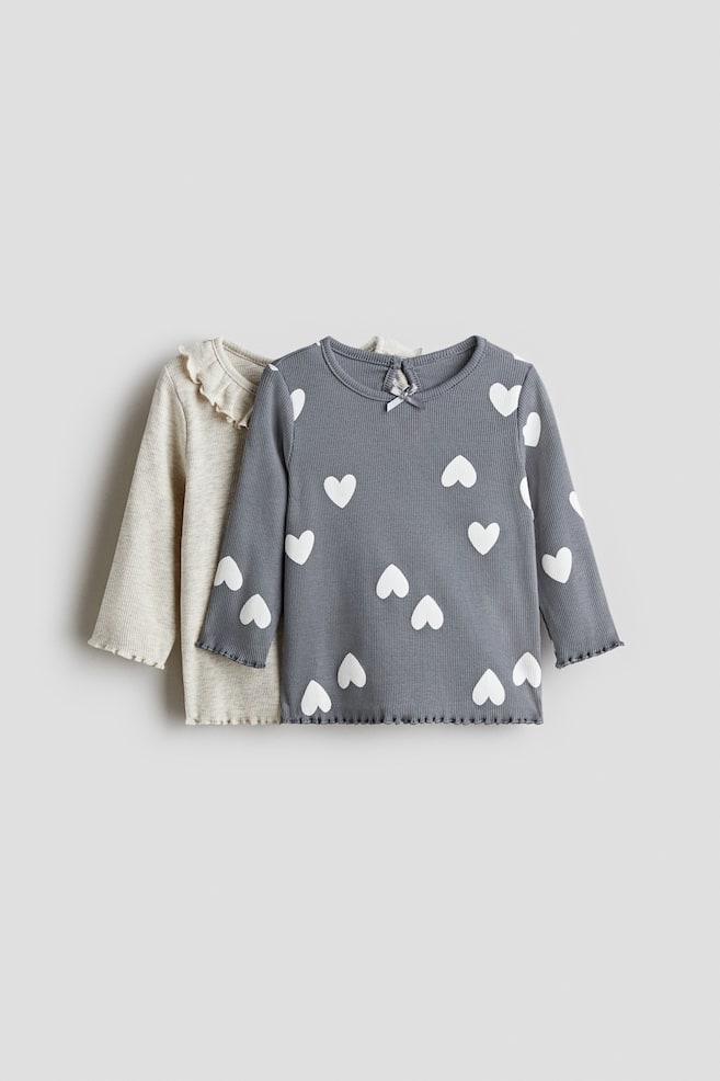 2-pack Ribbed Jersey Tops - Dark gray/hearts/Cream/leopard print/Light pink/cherries - 1