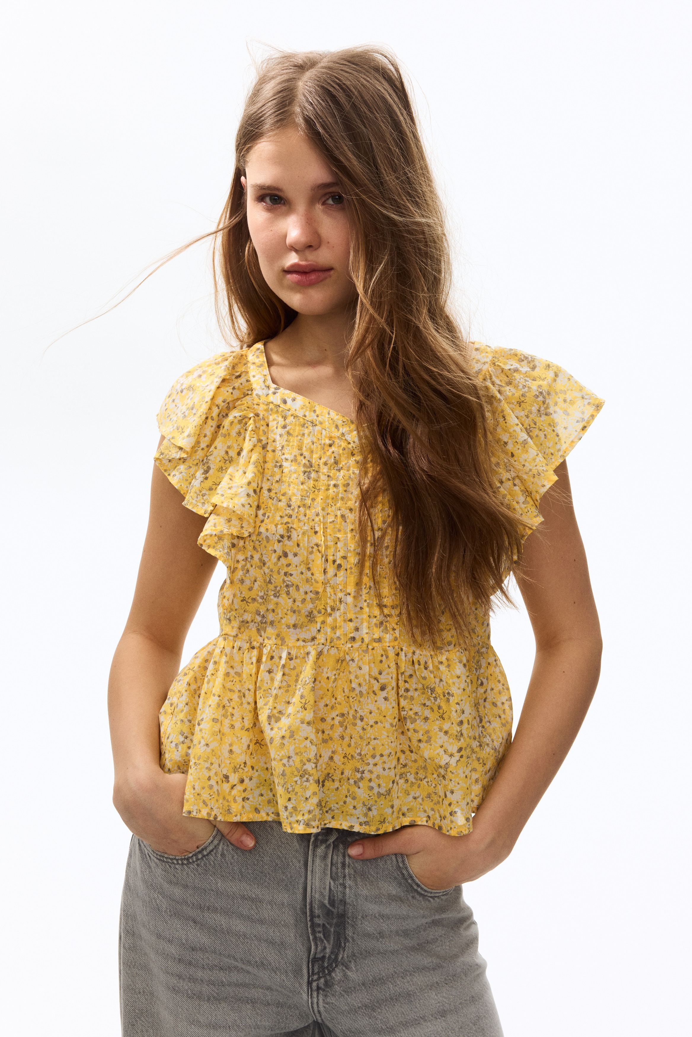 荷葉邊棉質上衣 - 黃色/花朵/白色/淺藍色/花朵