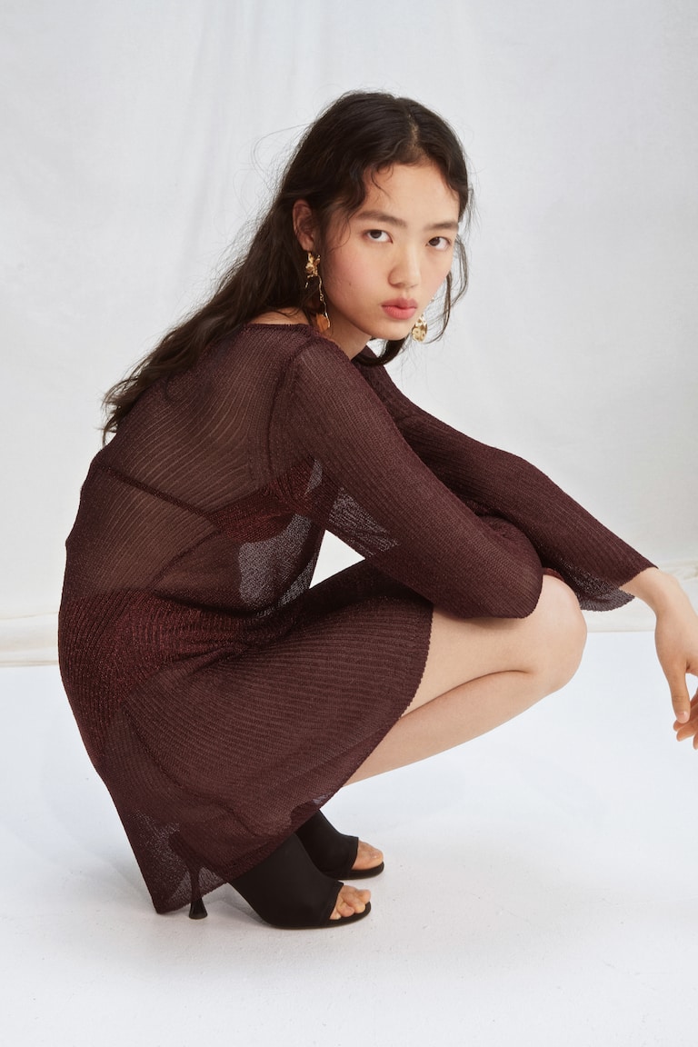 Ladies - Dark Brown Shimmery Dress with Flared Skirt - Size: XL - H&M