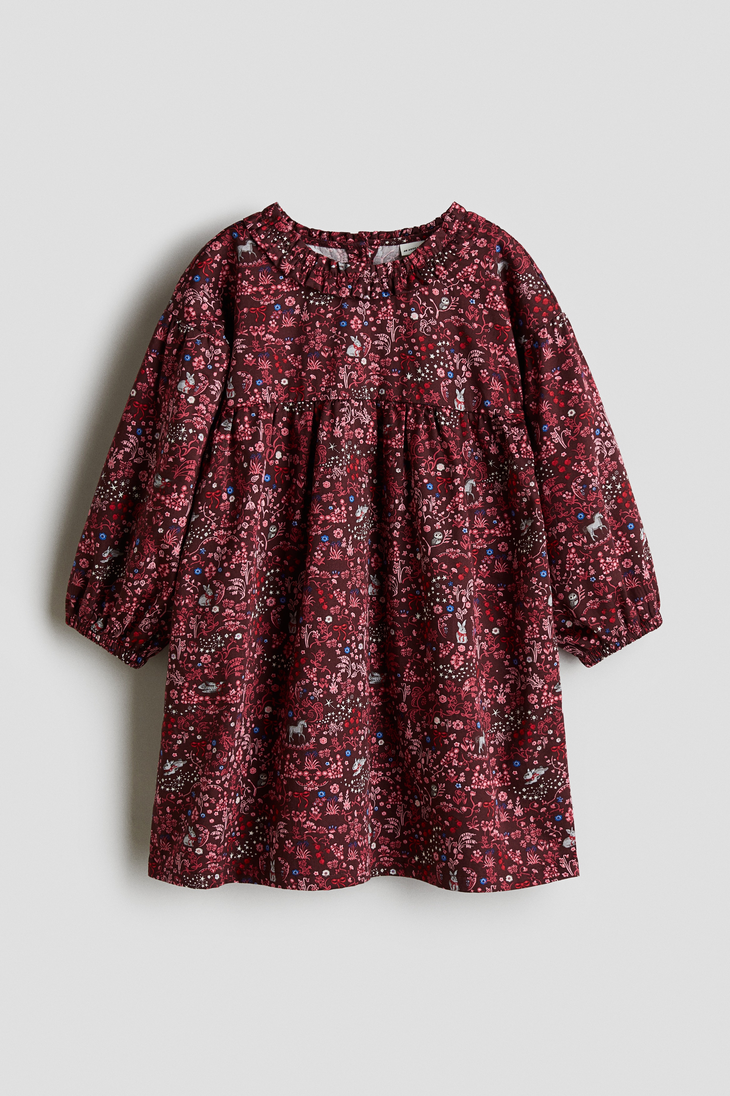 細棉紗布洋裝 - 深紅色/花朵