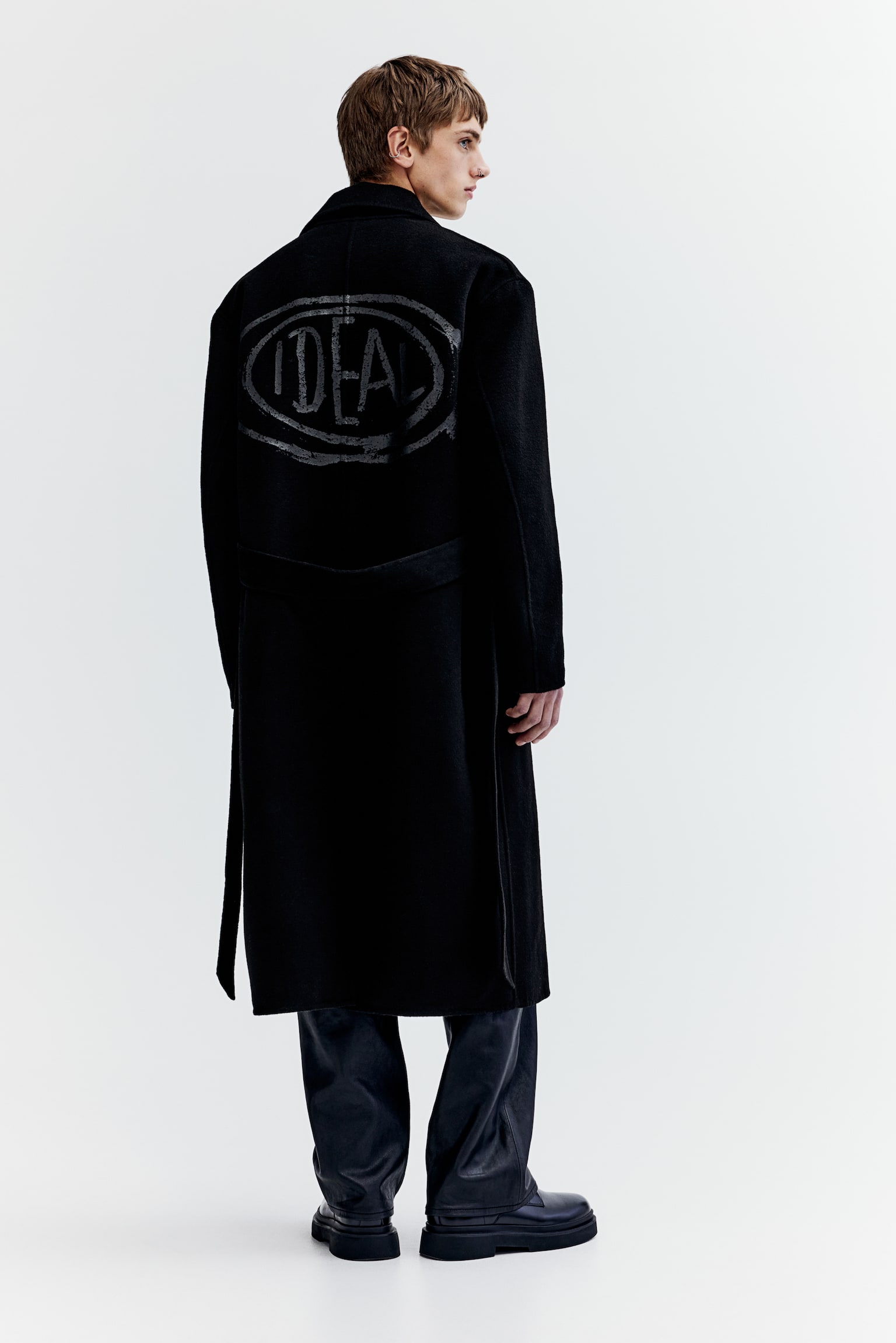 Loose Fit Wool Blend Tie Belt Coat - Black/Basquiat - 6