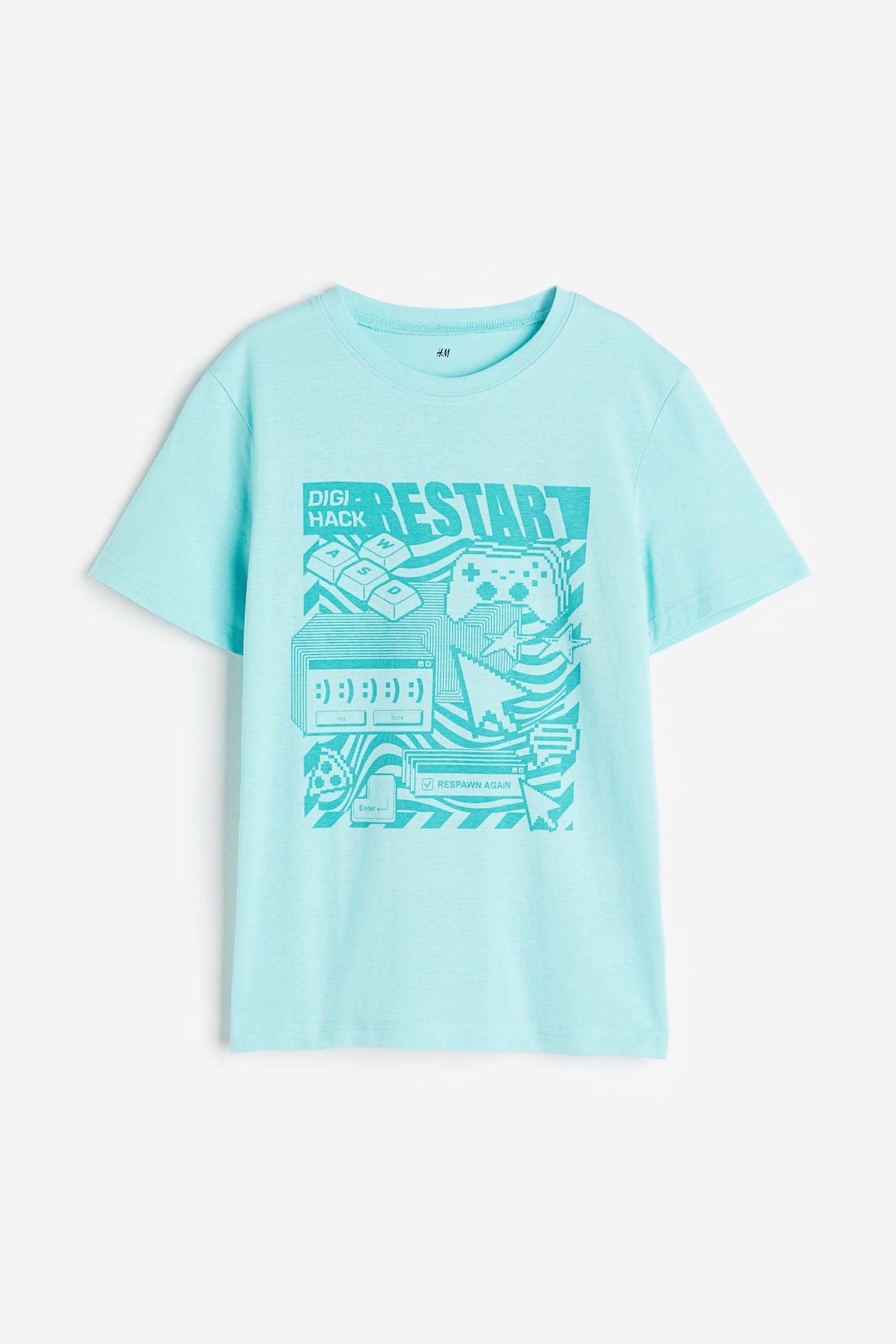 Printed cotton T-shirt - Round neck - Short sleeve - Light turquoise ...