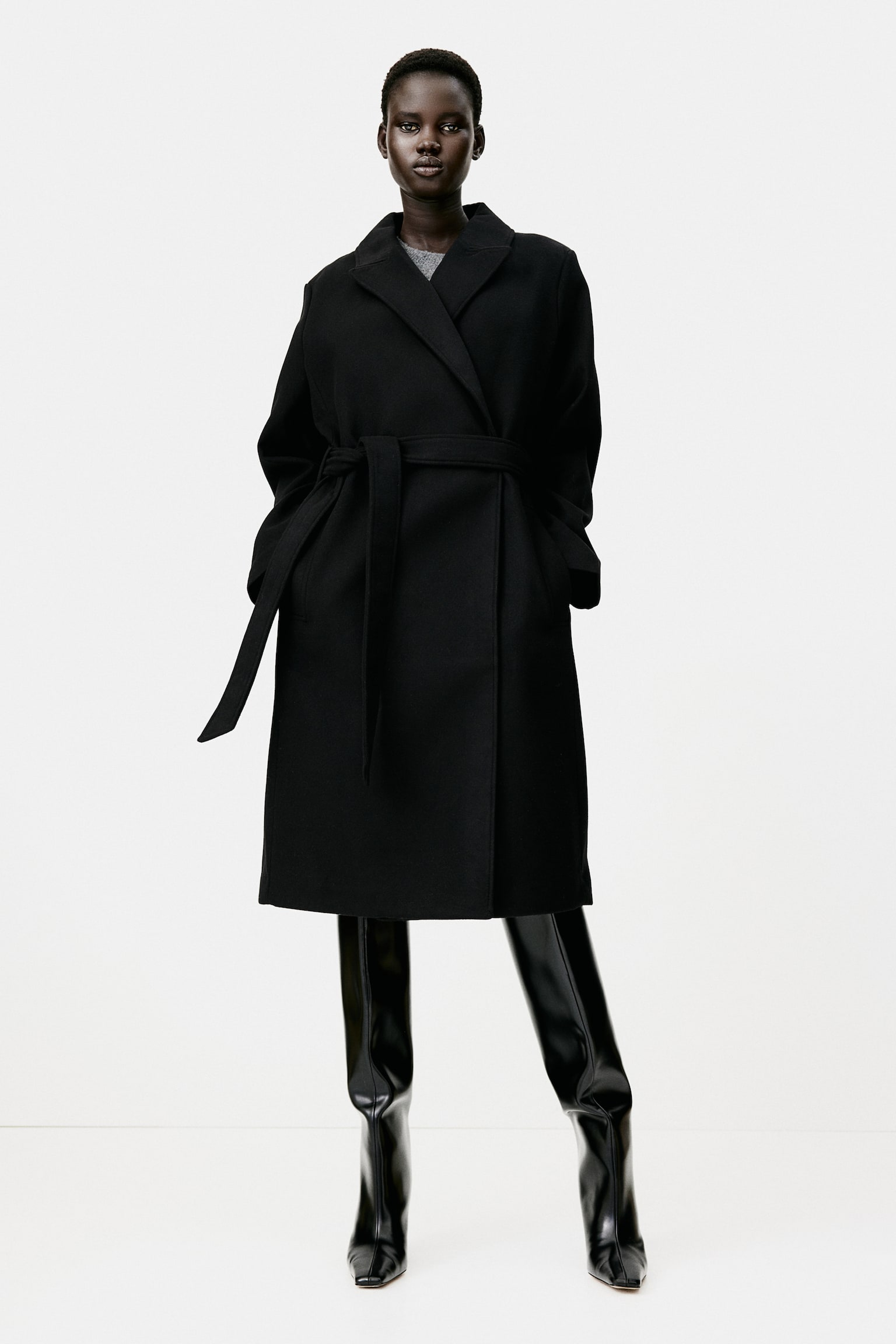 Tie-belt coat - Black/White/Dark beige/Dark grey - 1