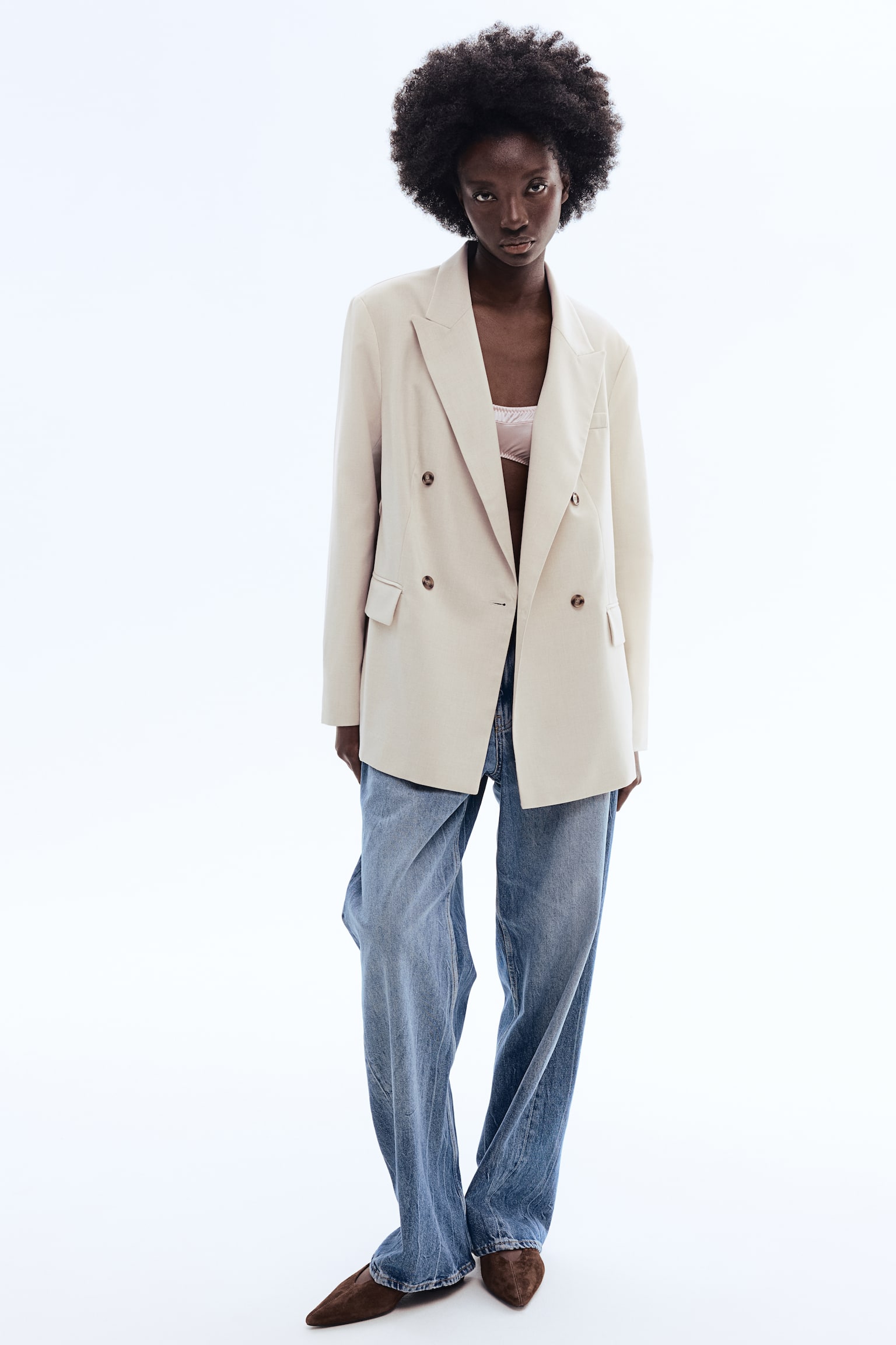 בלייזר עם כפתרה כפולה - בז' בהיר/ורוד בהיר - 4