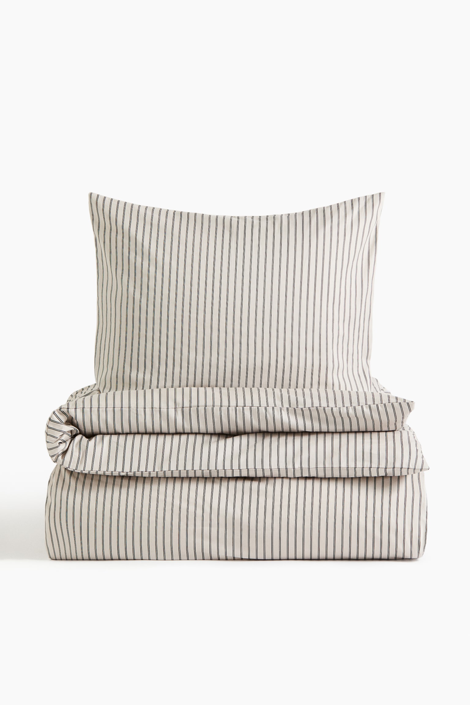 Cotton sateen single duvet cover set - Light beige/Black striped