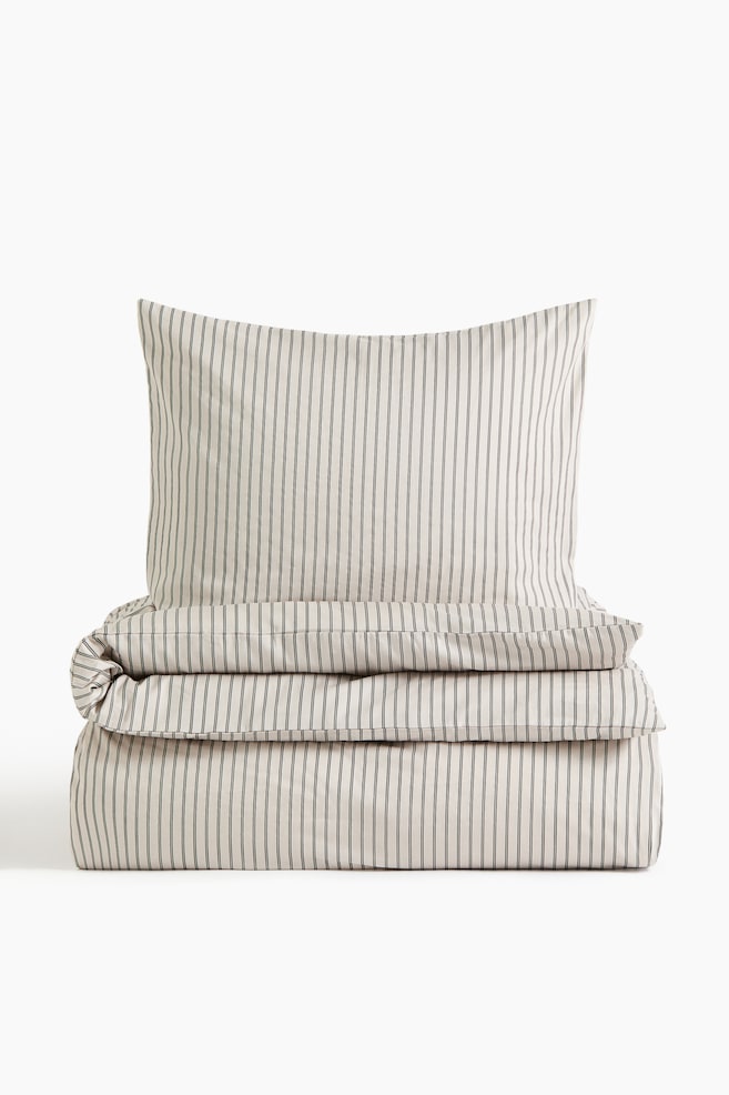 Cotton Sateen Twin Duvet Cover Set - Light beige/black striped/Cream/dusty yellow striped - 1