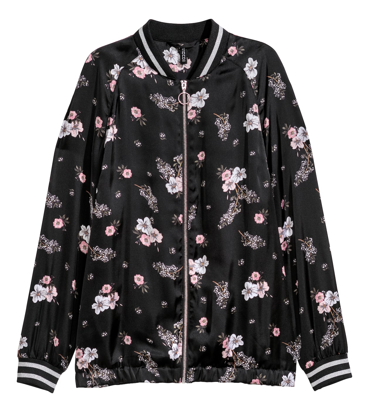 Satin bomber jacket - Long sleeve - Black/Flowers - Ladies | H&M GB