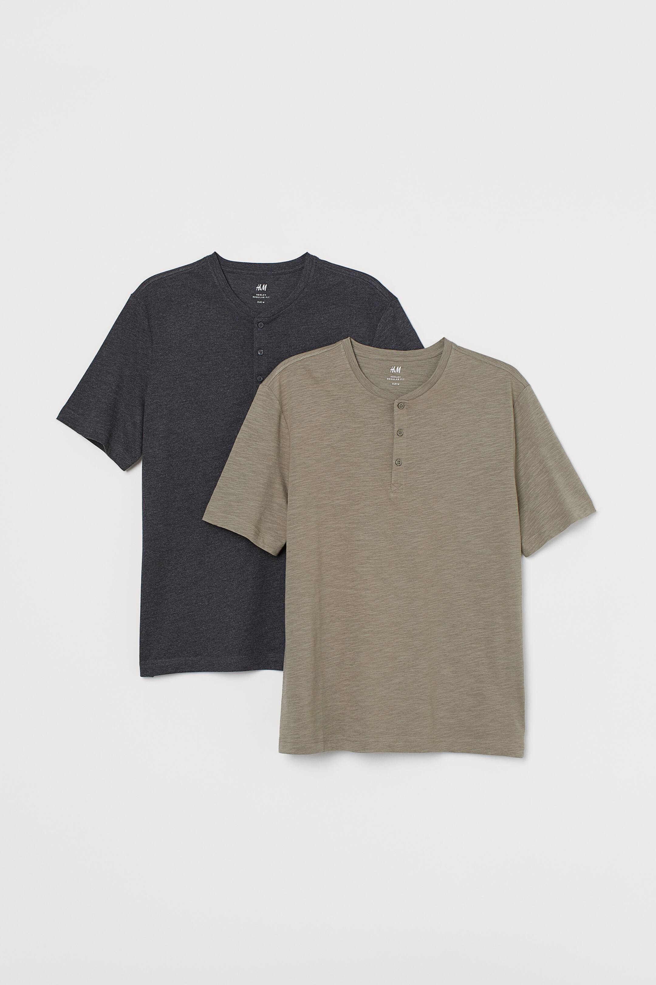 View larger image: 2-pack Regular Fit Henley tops - Khaki green/Grey marl - Men | H&M 1