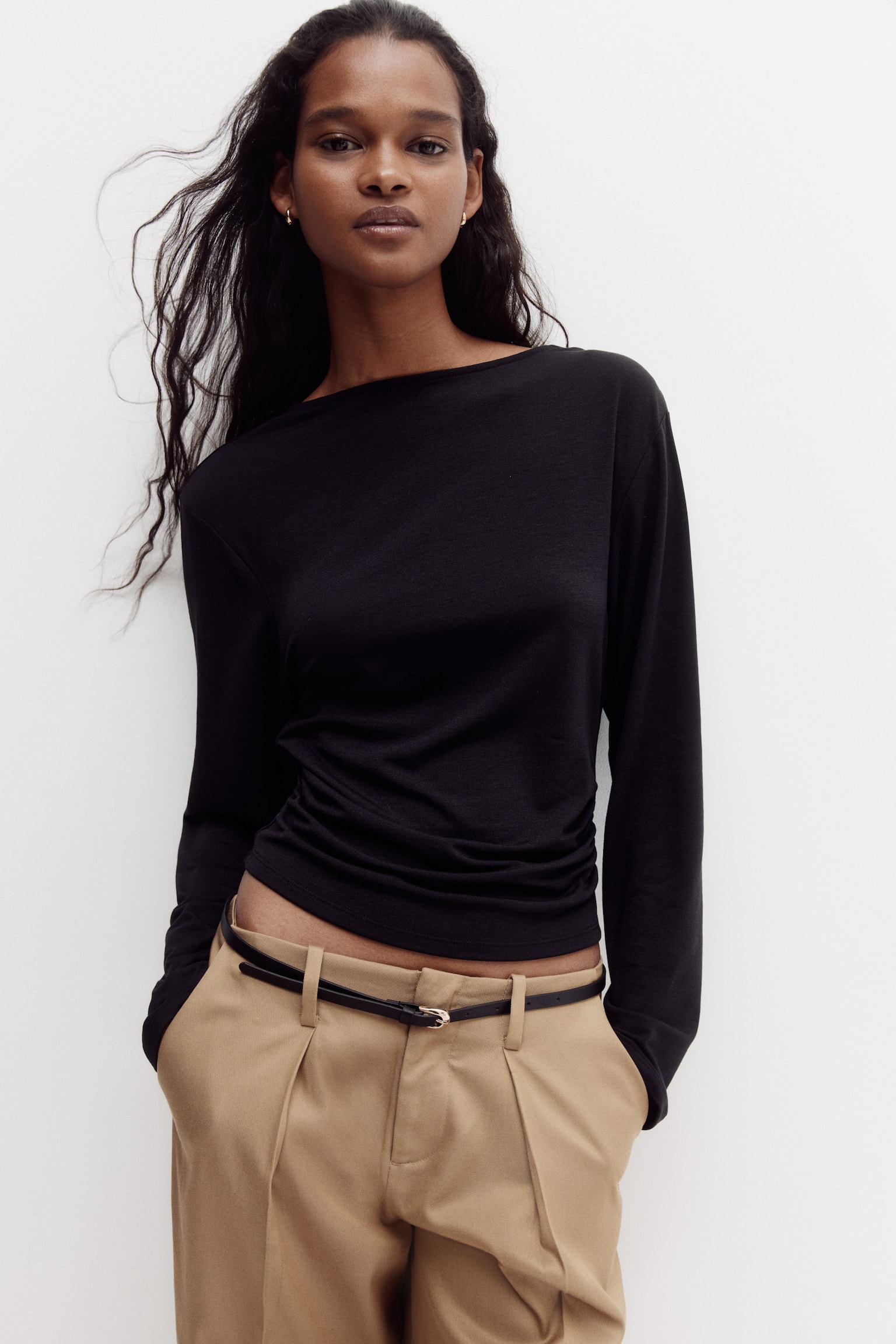 Top i jersey med vandfaldsudskæring bagpå - Sort/Navy blue/Brun - 3