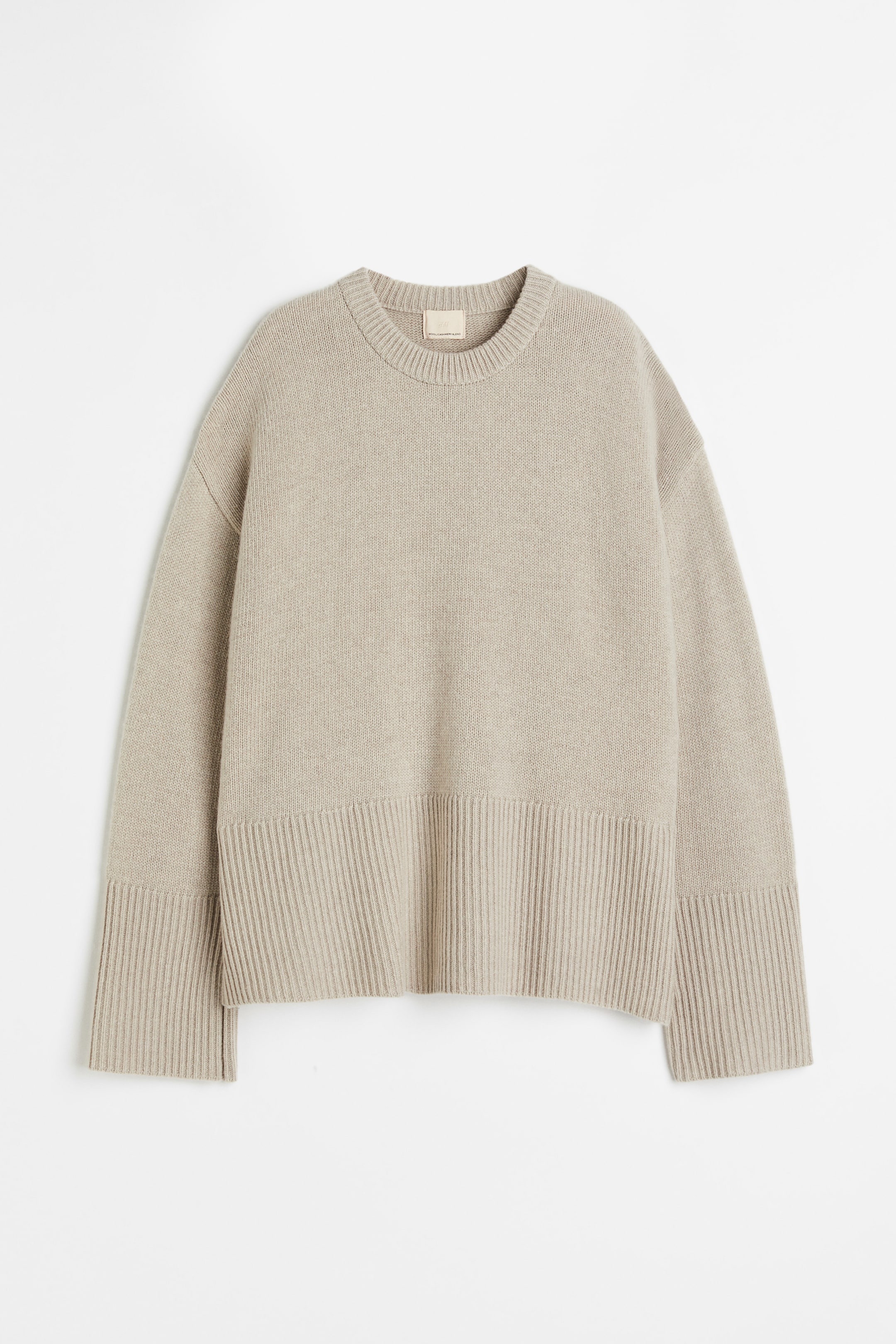 Cashmere-blend jumper - Round neck - Extra long sleeve - Beige - Ladies ...