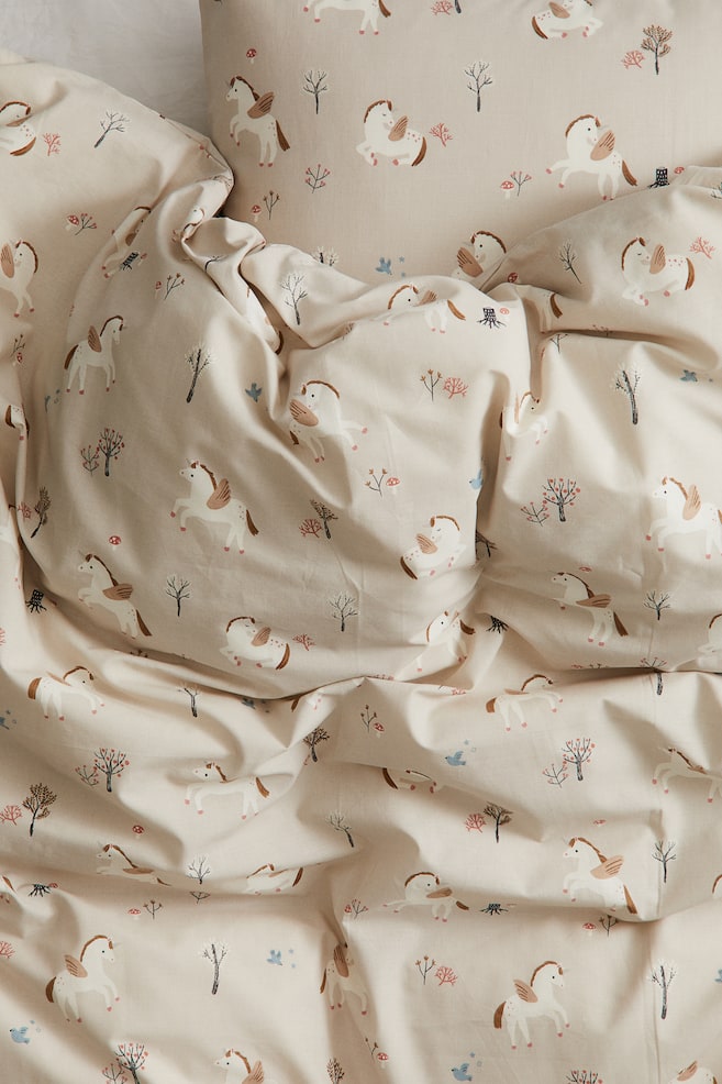 Patterned cotton duvet cover set - Light beige/Unicorns - 3