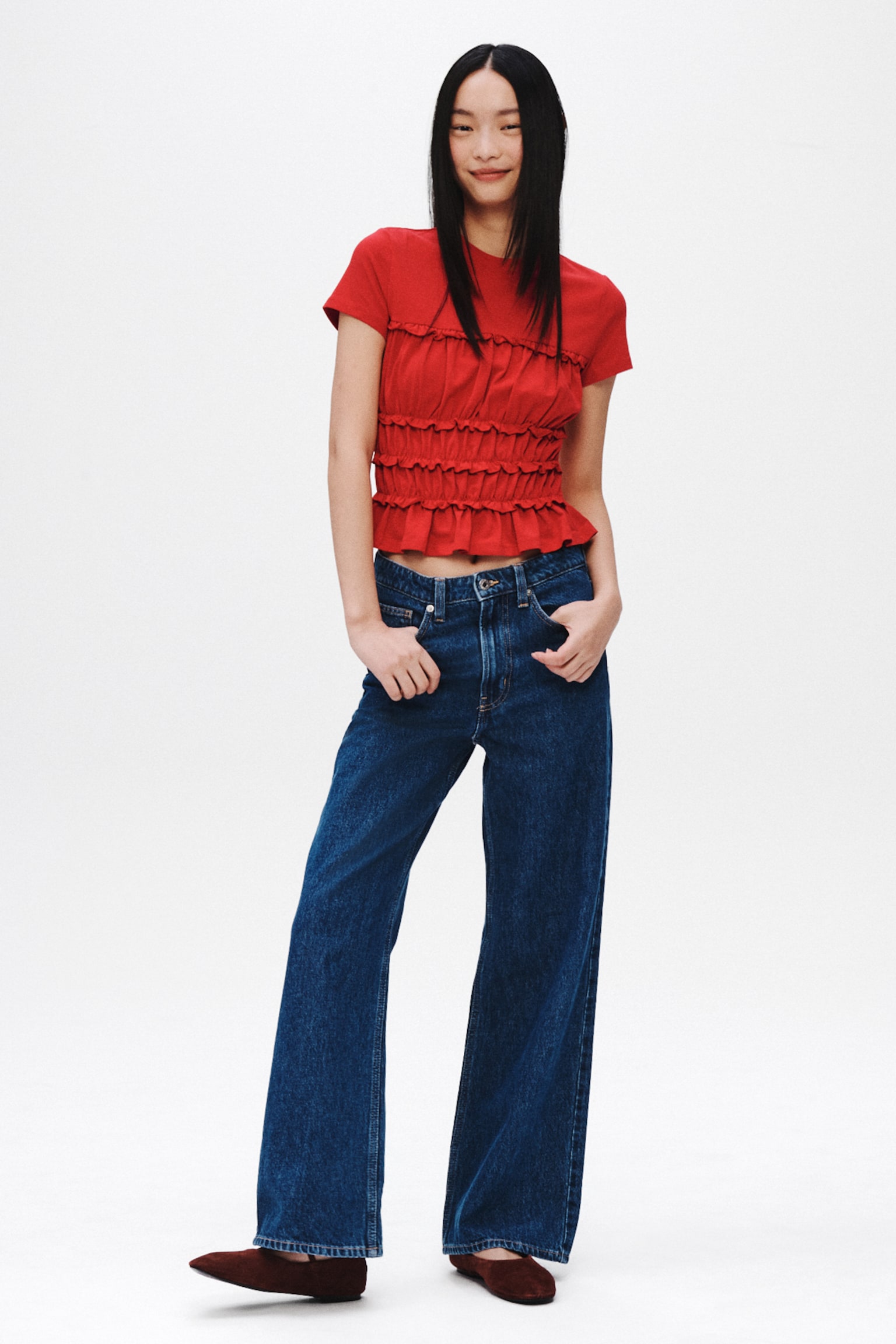 Frill-trimmed cotton top - Màu đỏ/Màu xanh dương nhạt/Màu trắng - 3