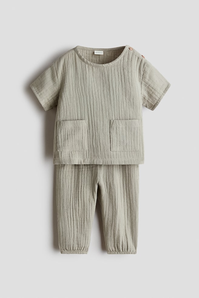 2-Piece Cotton Muslin Set - Khaki green/Light blue - 1