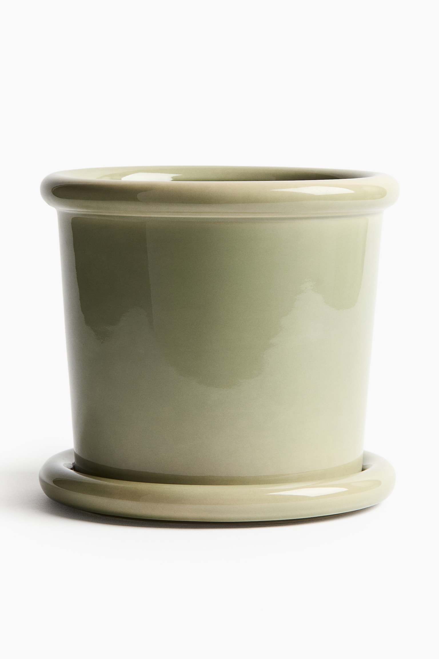 Large stoneware plant pot with saucer - Light green/White