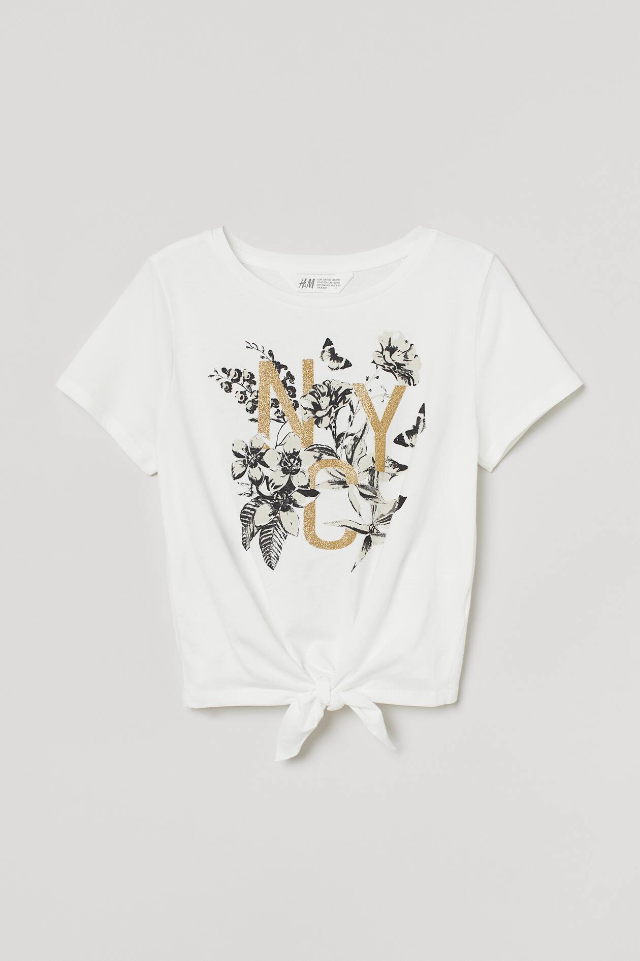 Tie-hem top - Round neck - Short sleeve - White/Flowers - Kids | H&M GB