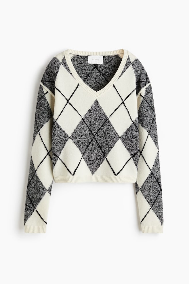 Pullover in maglia di lana jacquard - Crema/motivo a losanghe - 1