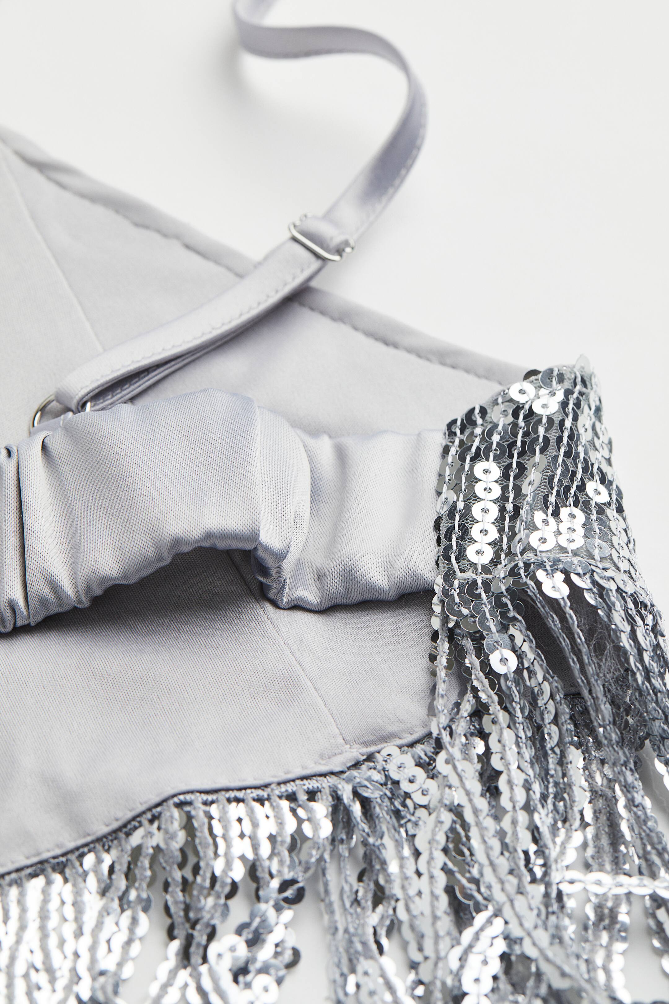 Sequined Bralette Top Sleeveless Crop Silvercolored Ladies H