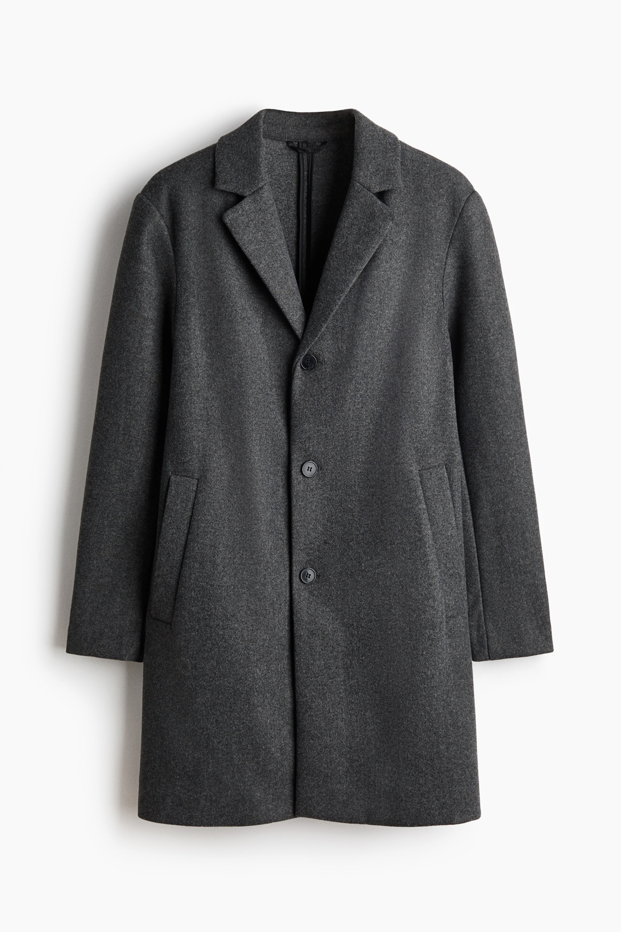 View larger image: A dark gray felted coat is shown facing forward, featuring notch lapels, three dark buttons down the front, and two side pockets with horizontal openings.