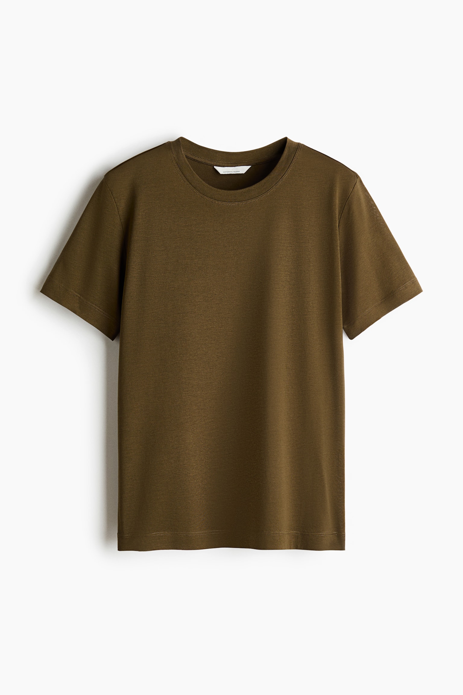 A dark olive green t-shirt is displaying from the front, featuring a ribbed crew neck, short sleeves, and a straight cut. The fabric is appearing smooth and softly draping, with a small white label visible inside the back neck. - 1