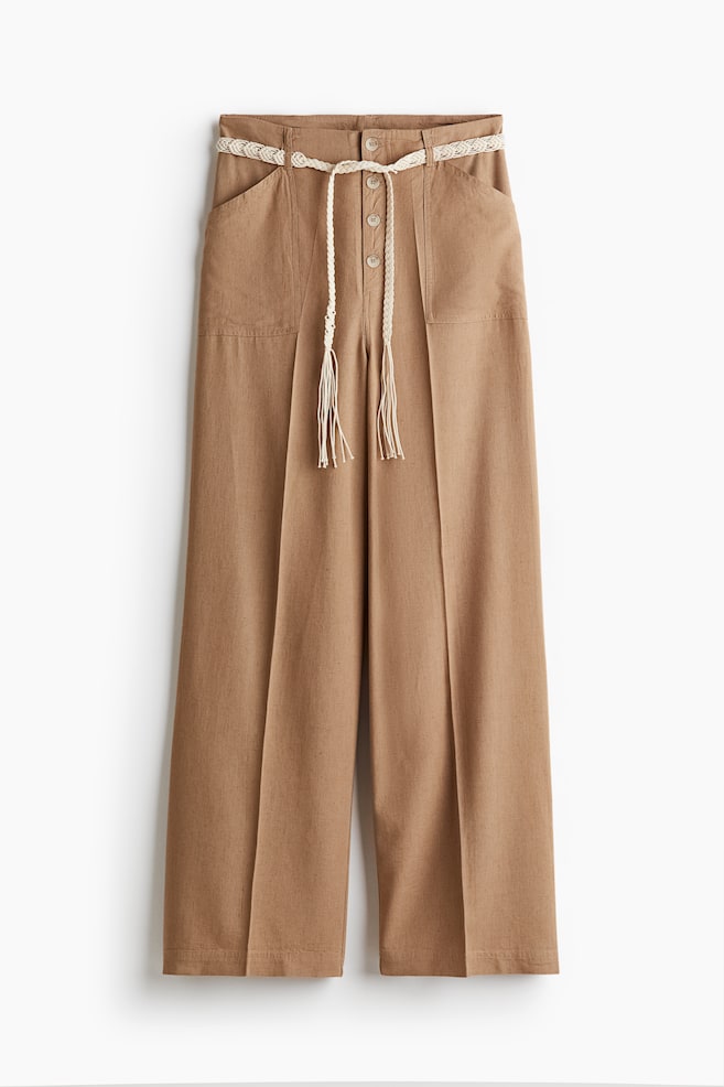 Pantalón en mezcla de lino con cinturón de anudar - Beige - 1