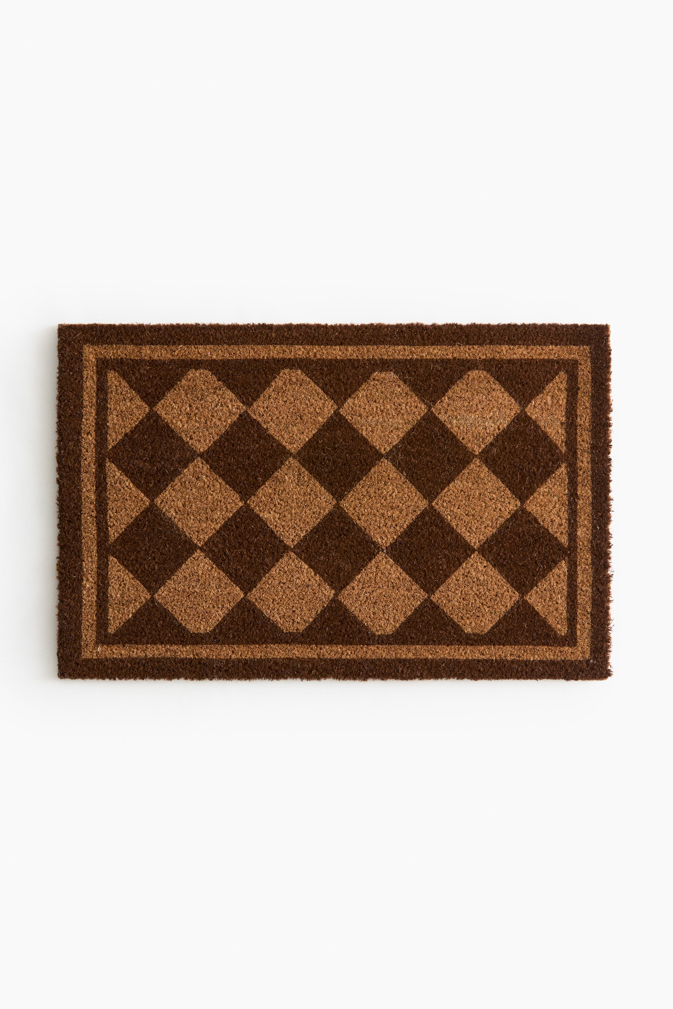View larger image: A rectangular doormat features a diamond pattern with alternating dark brown and lighter brown colors, surrounded by a dark brown outer border and a lighter brown inner border.