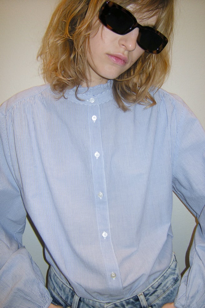 Frill-trimmed cotton blouse - Blue/Striped/White - 5