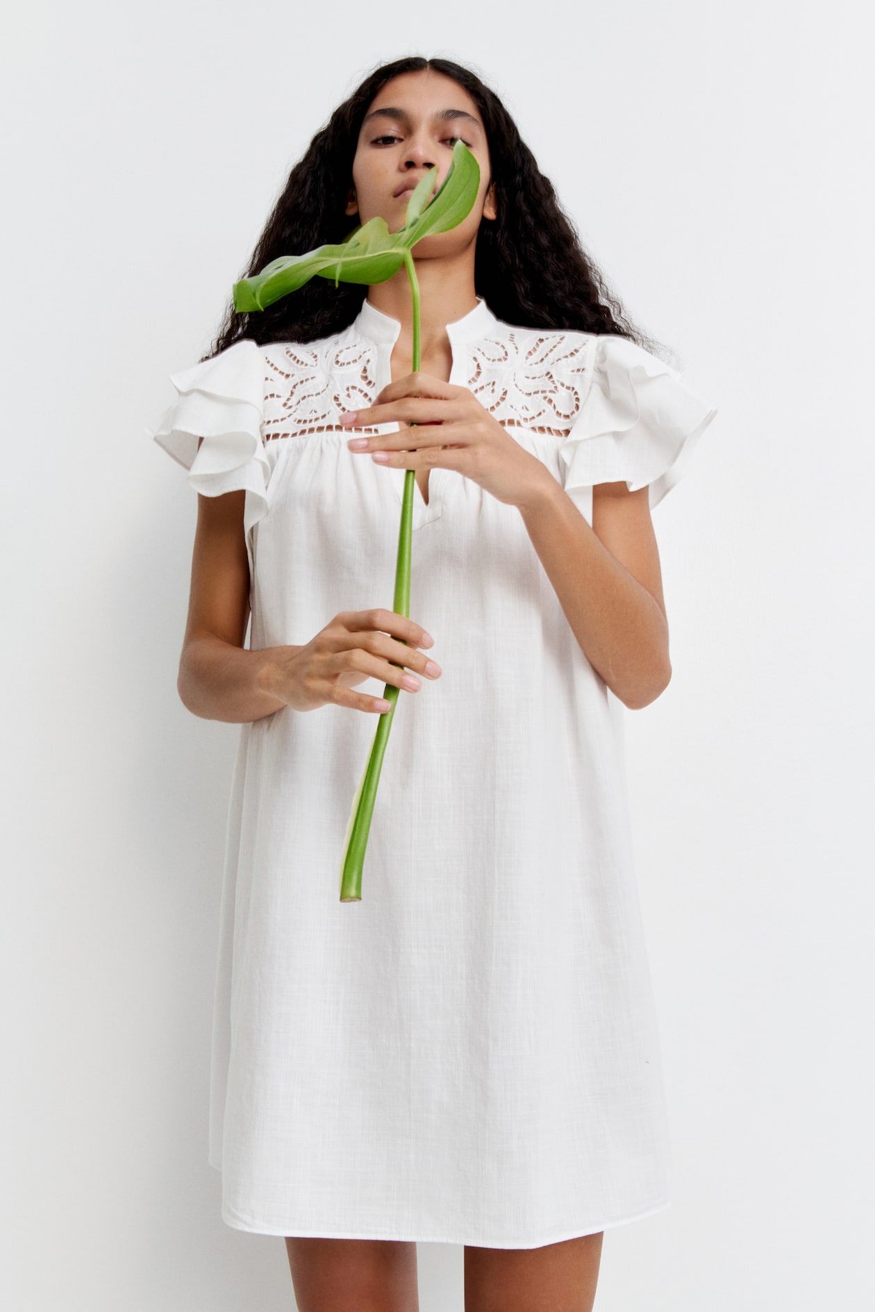 Flutter-Sleeve Dress with Eyelet Embroidery