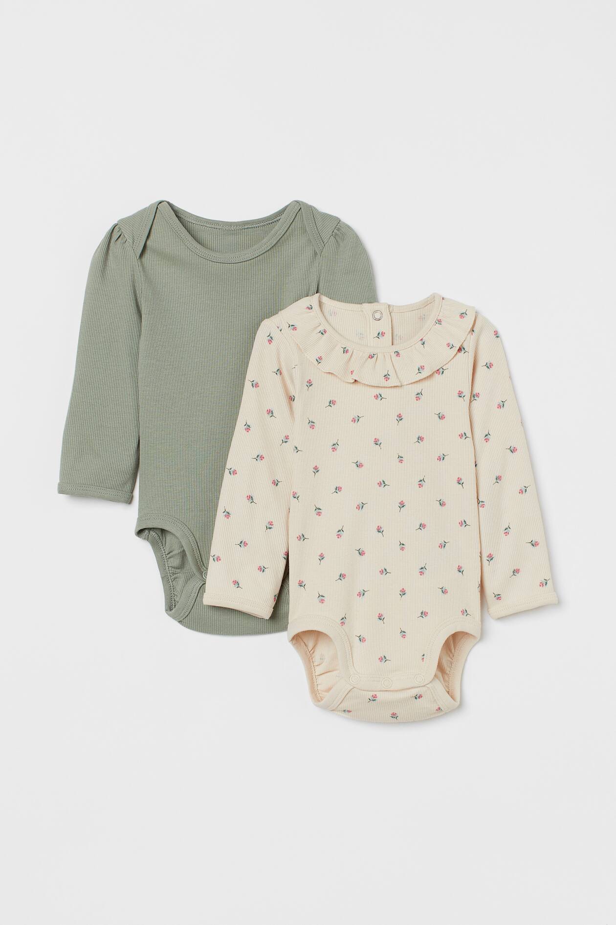 2-pack Puff-sleeved Bodysuits - Light khaki green/floral - Kids | H&M US