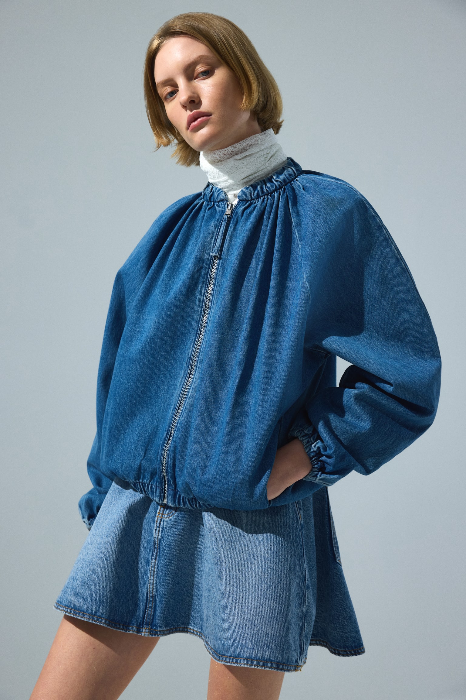 ז'קט בומבר עם כיווצים - כחול ג'ינס/חום - 1