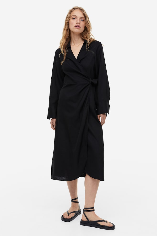 Linen-blend wrap dress - Black/Beige/Diagonal stripes - 1
