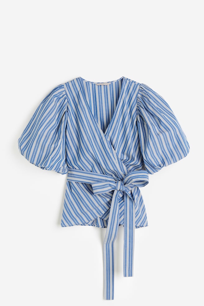 Balloon-sleeved wrap blouse - Blue/Striped/White - 2