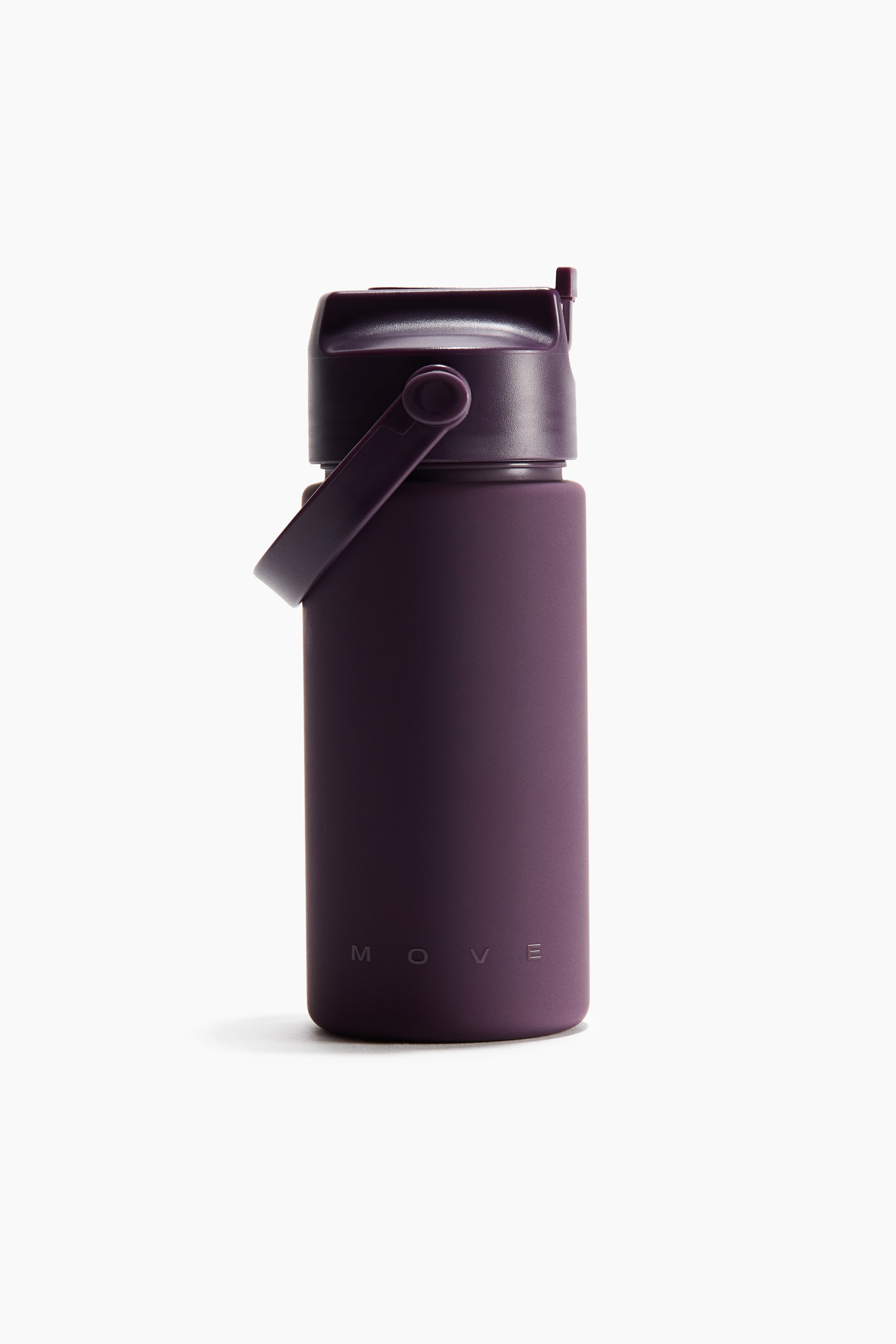 View larger image: A plastic water bottle with a straw and a handle at the top is standing upright, facing slightly right. It features a matte dark purple body with the word 'MOVE' subtly embossed near the bottom, and a darker purple flip-top lid conceals the straw, with a matching loop handle attached to the lid.