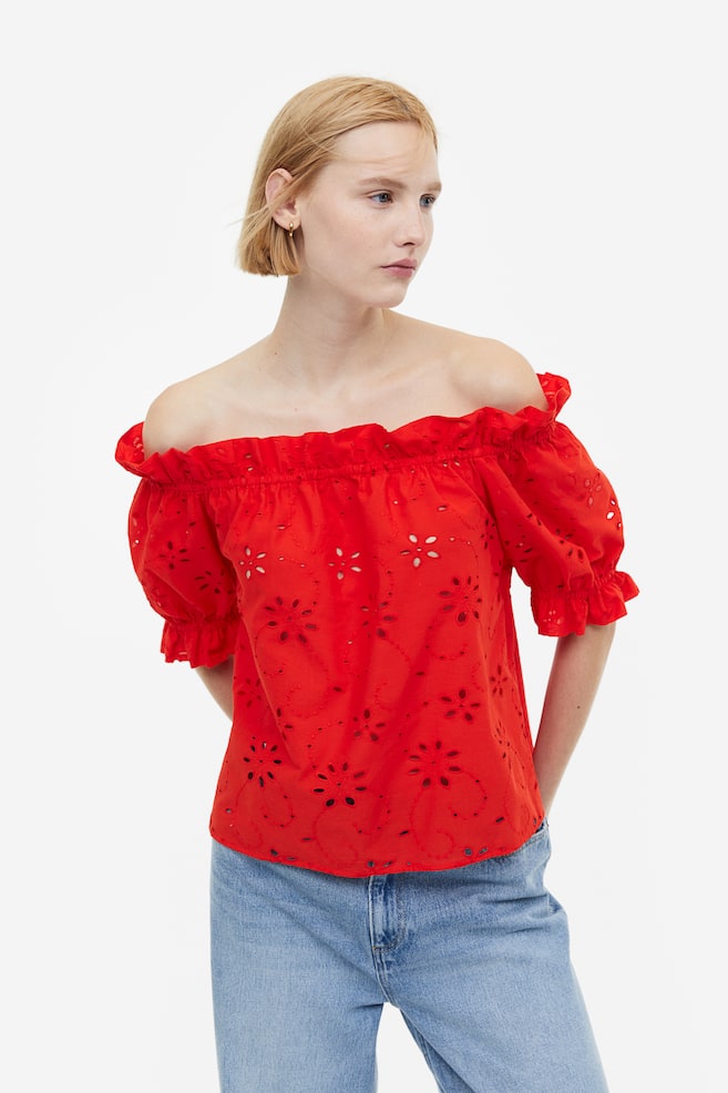 Broderie anglaise off-the-shoulder blouse - Red/White - 1
