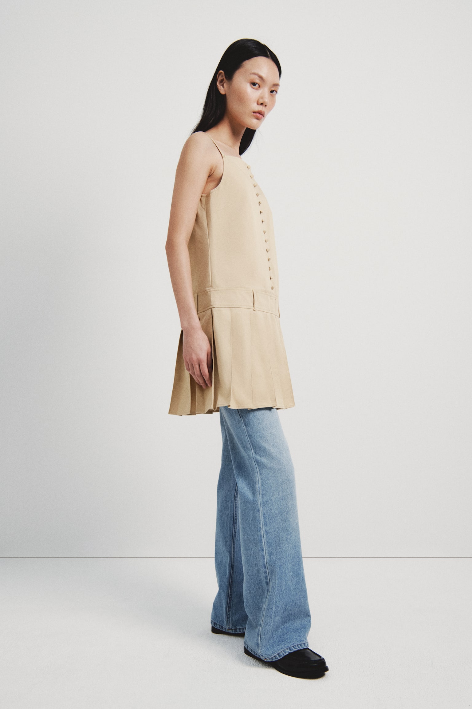 Pleated-skirt dress - Beige/Navy blue - 5