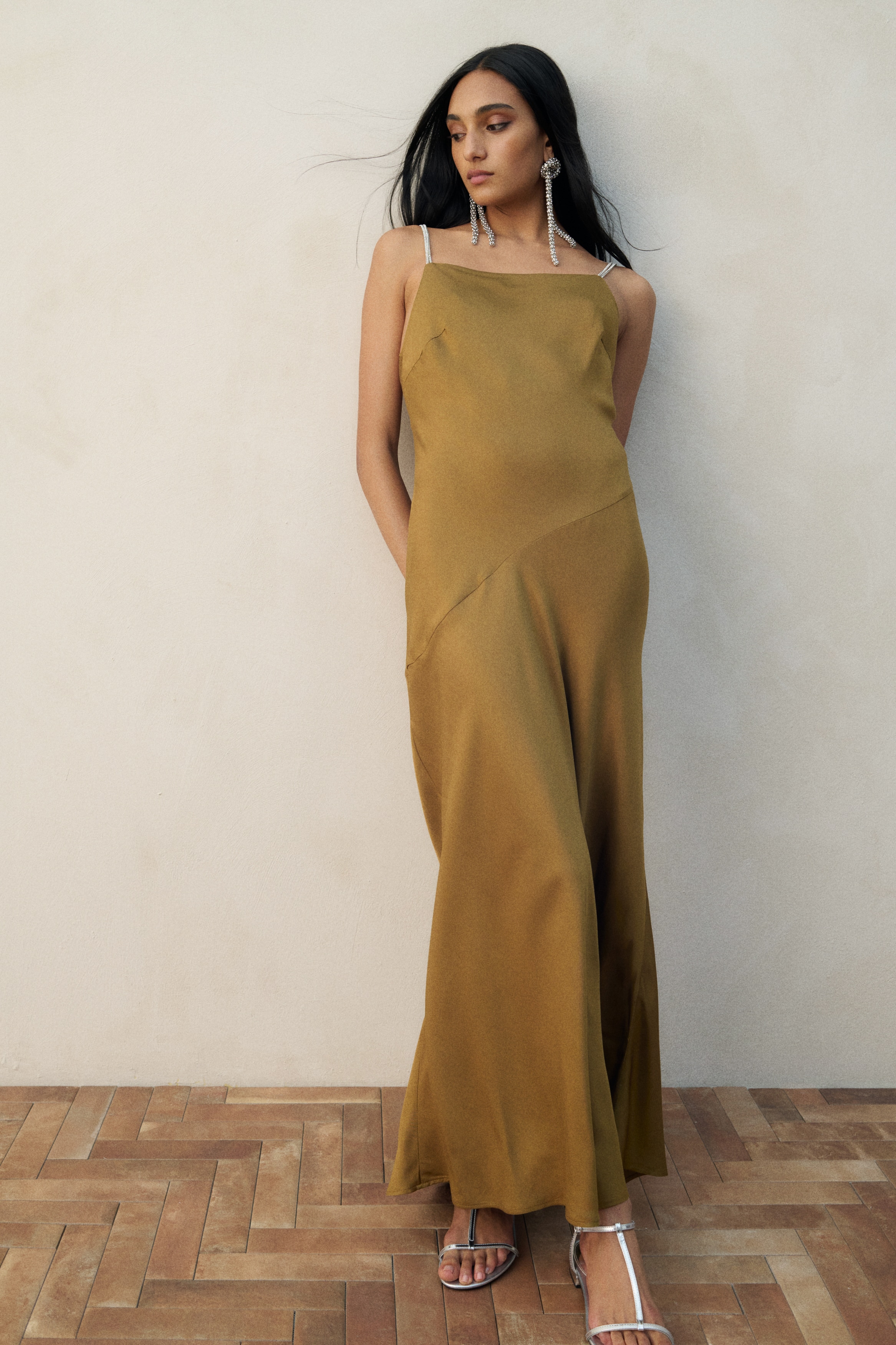 Ladies - Khaki green Rhinestone-strap satin dress - Size: 18  - H&M