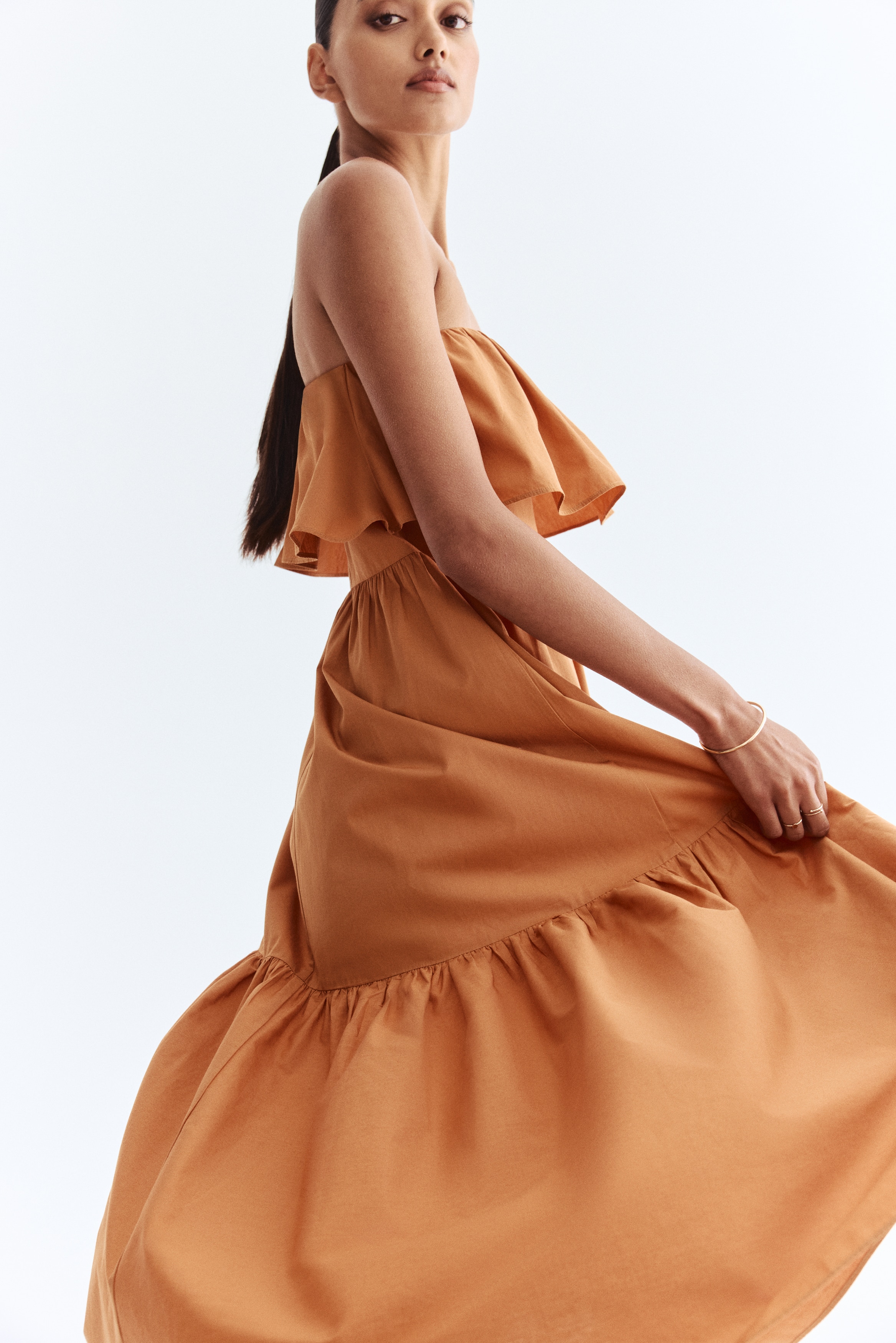 府綢棉平口洋裝 - 橘色