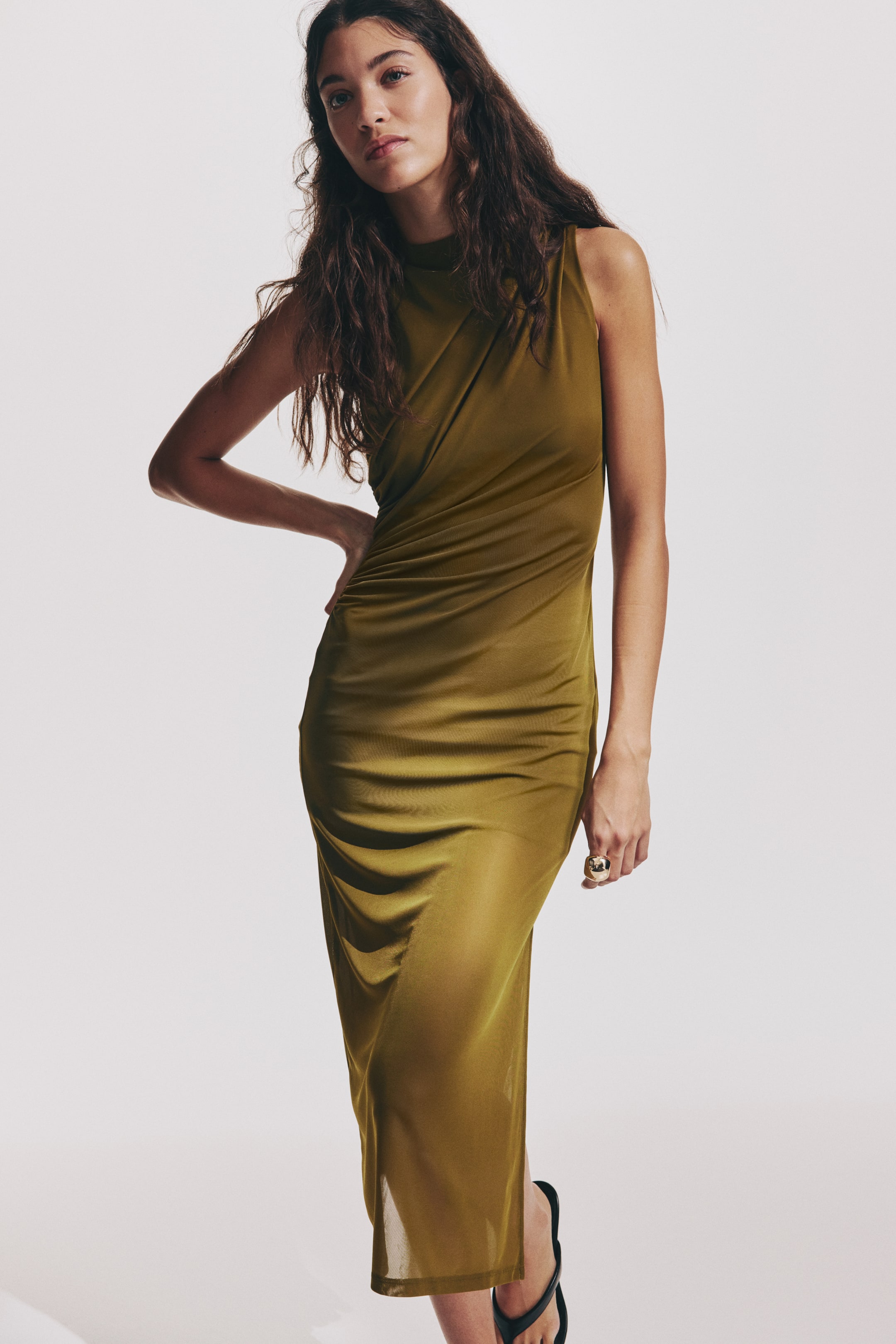 View larger image: Draped Midi Dress - Golden olive - Ladies | H&M US 2