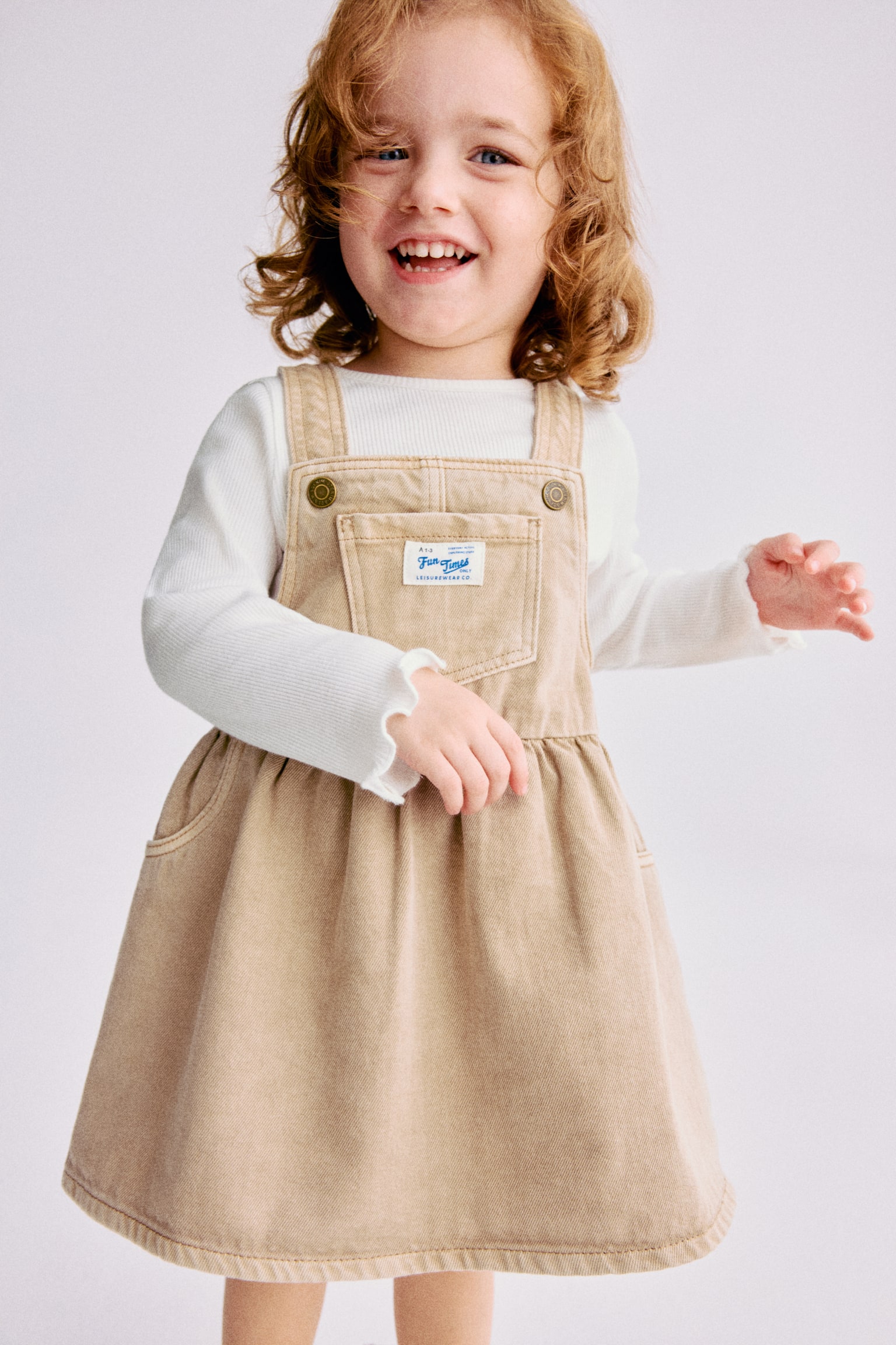 2-piece dungaree dress and top set - Beige/White/Light pink/Hearts/Dark denim blue/Cherries - 4