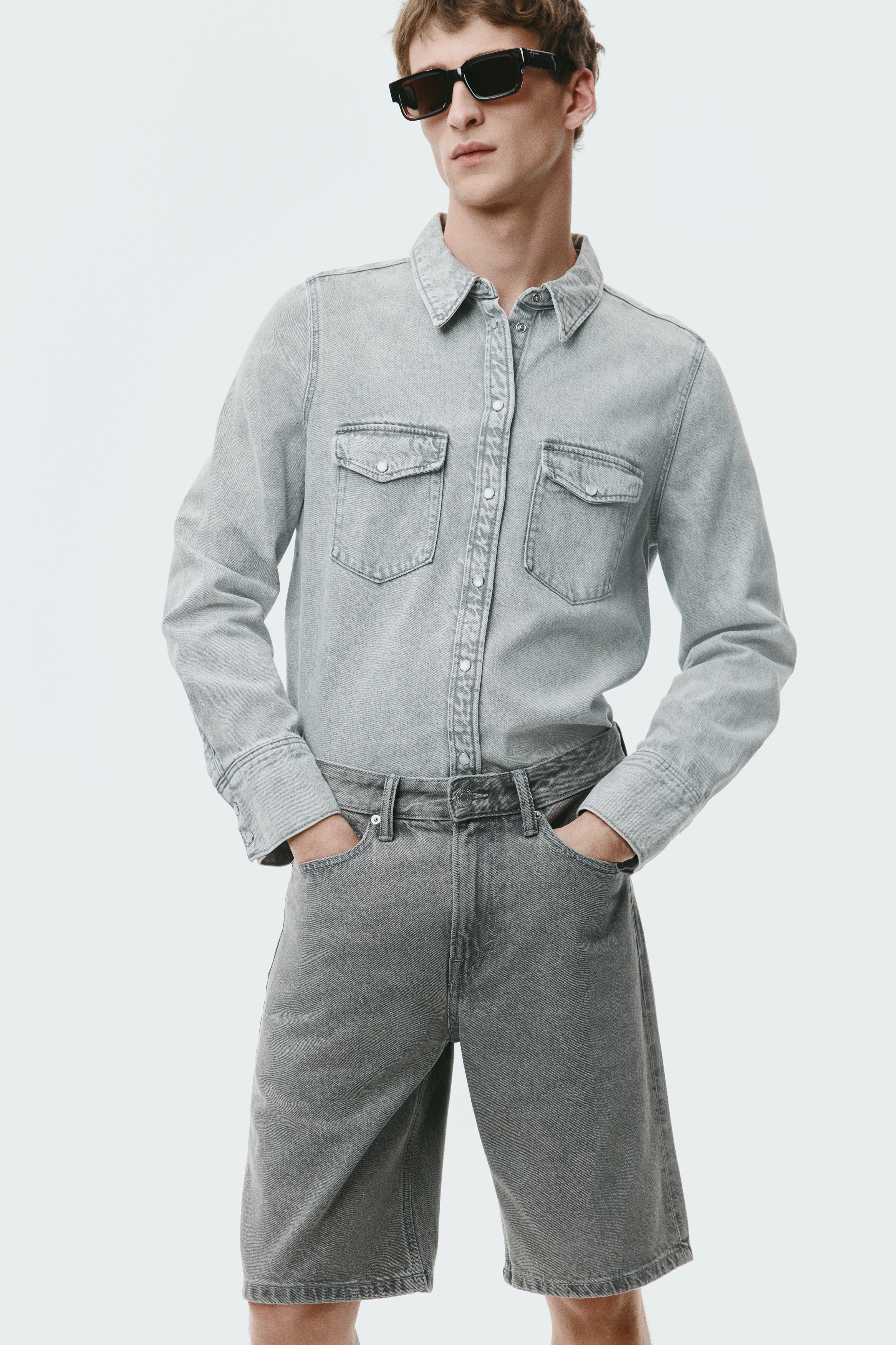 데님 쇼츠 릴랙스핏 - 데님 그레이/라이트 데님 블루