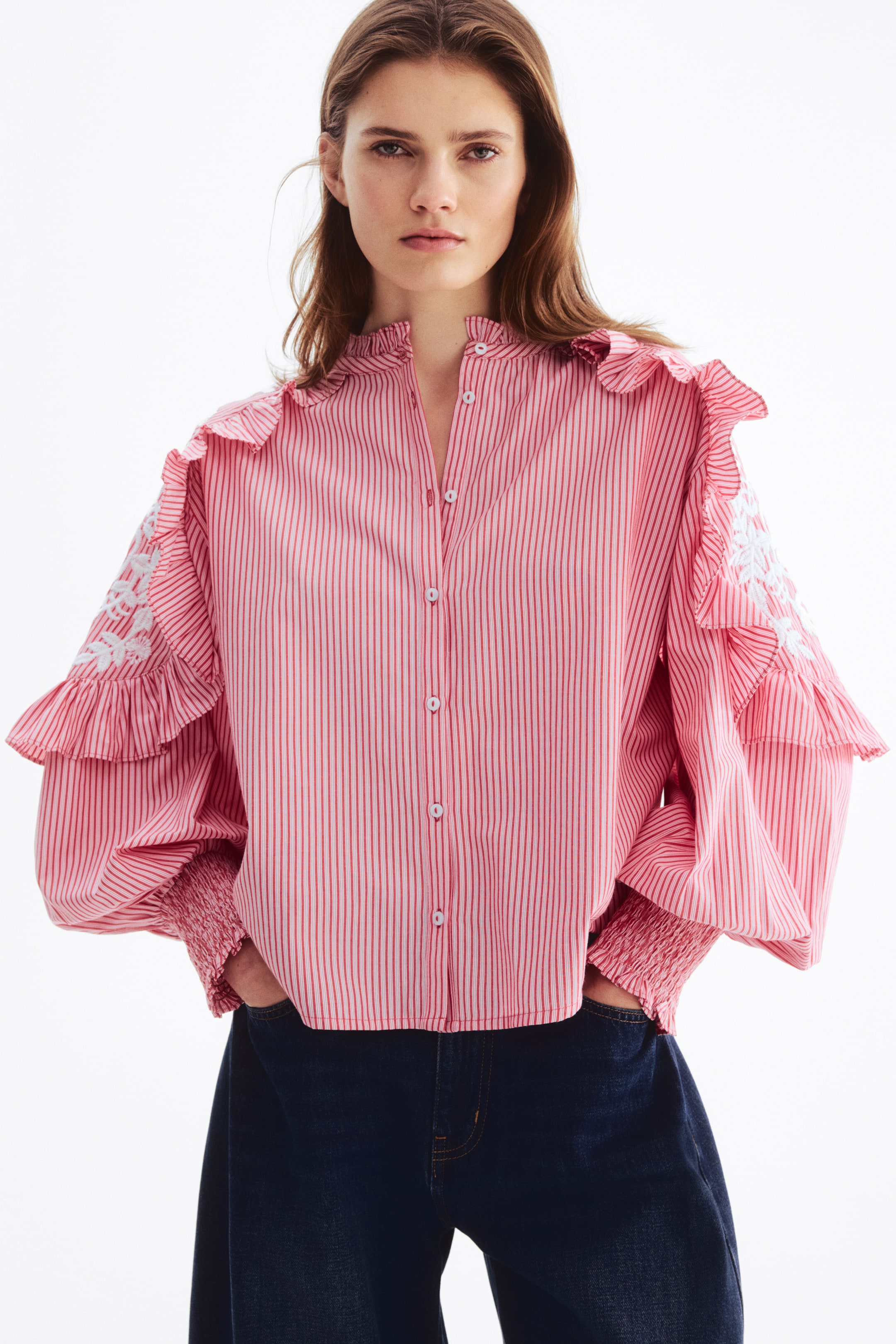 View larger image: Frill-trimmed blouse - Red/Striped - Ladies | H&M 1