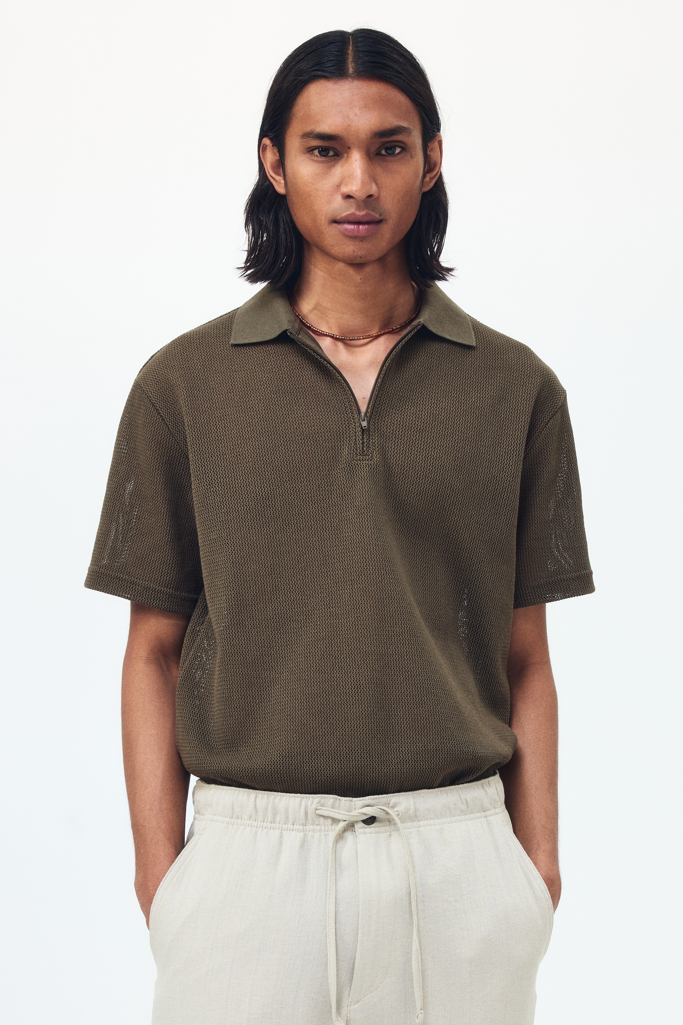 Regular-Fit Open-Knit Polo Shirt-Dark khaki green